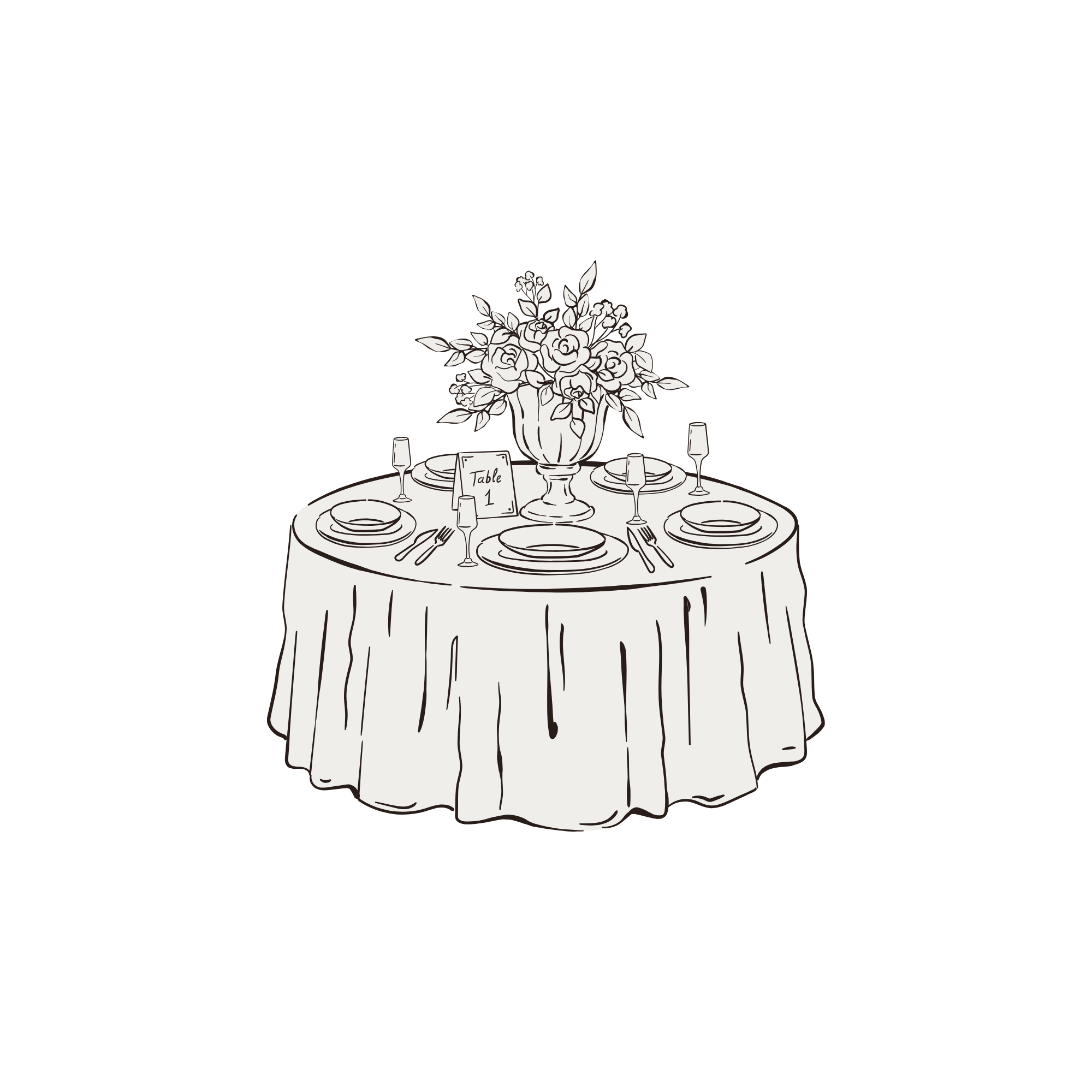 A round dining table set with six plates, six glasses, and silverware, with a large bouquet of roses and greenery in a vase at the center. A small sign in front of the bouquet reads 'Table 1'.
