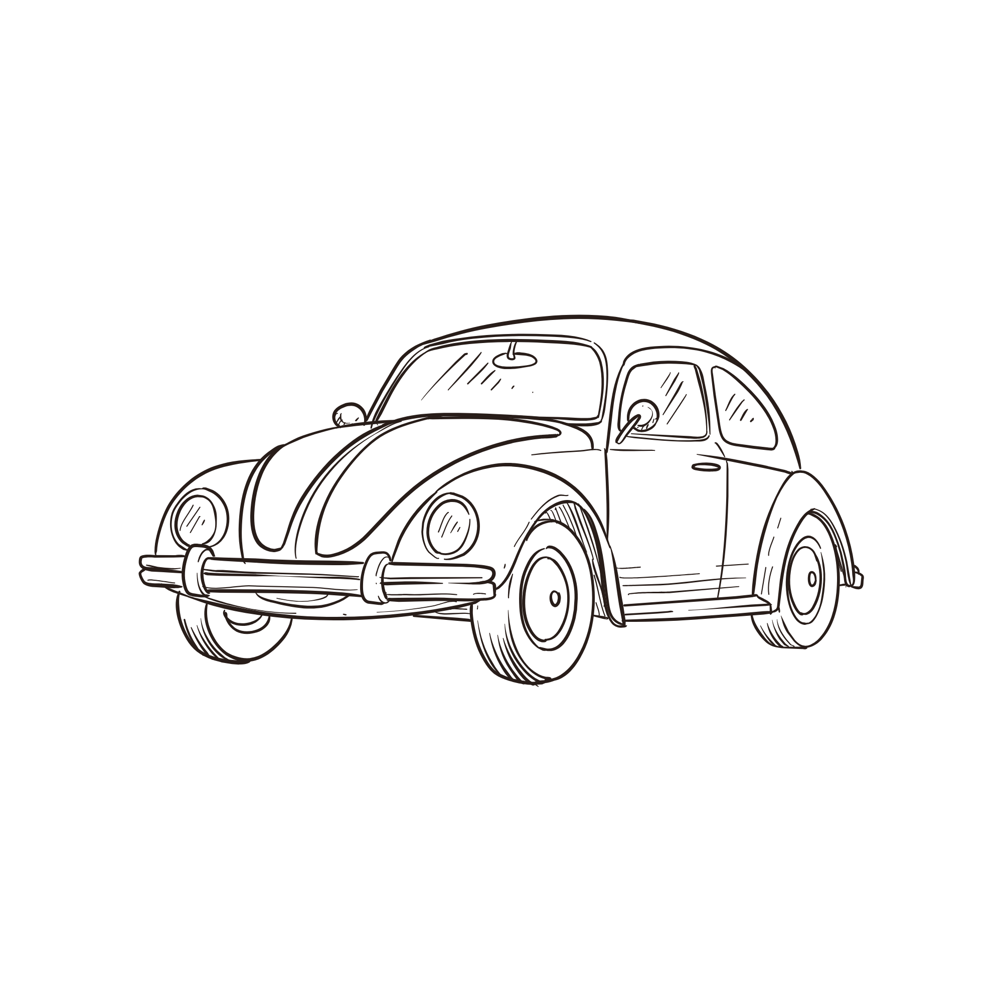 Line drawing of a vintage sports car viewed from the front at an angle.