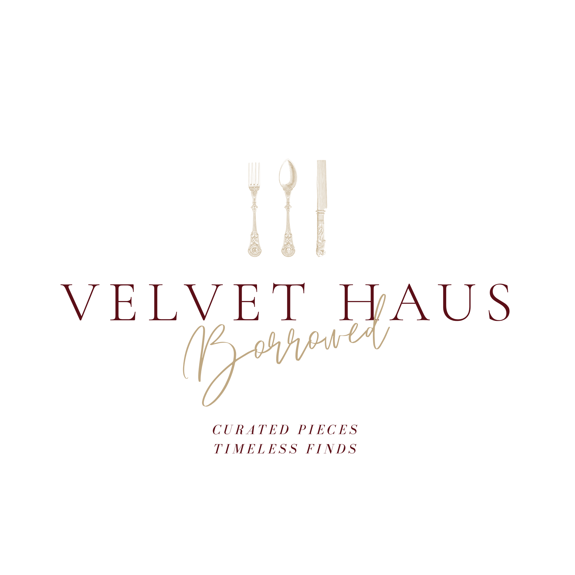 Elegant black background with the phrase 'Velvet Haus' in large maroon letters, accompanied by an illustration of three vintage-style cutlery items (fork, spoon, knife) in beige. The words 'curated pieces, timeless finds' are written in smaller maroon font underneath.