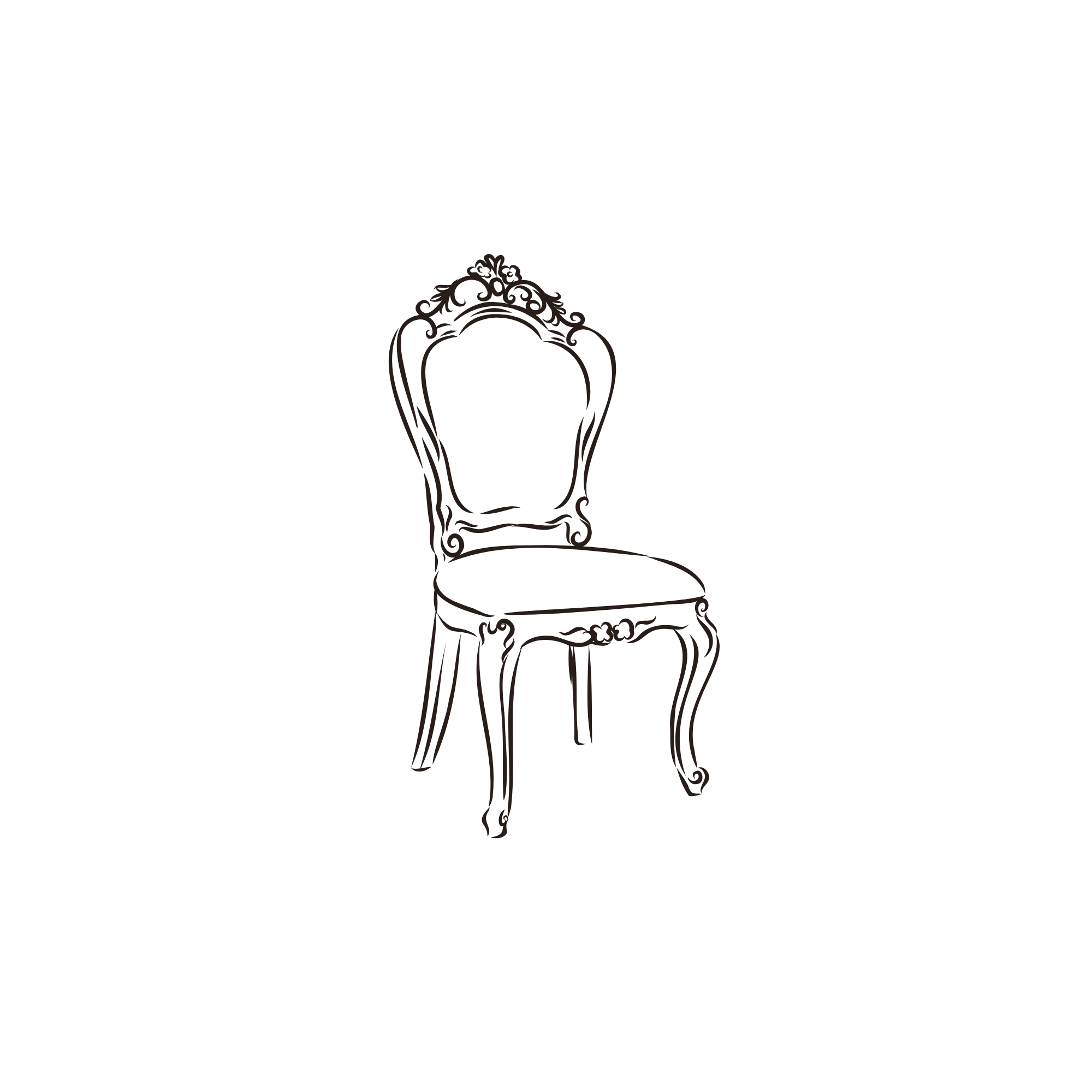 Simplified line drawing of an ornate armchair with a high, rounded back and carved wooden legs.