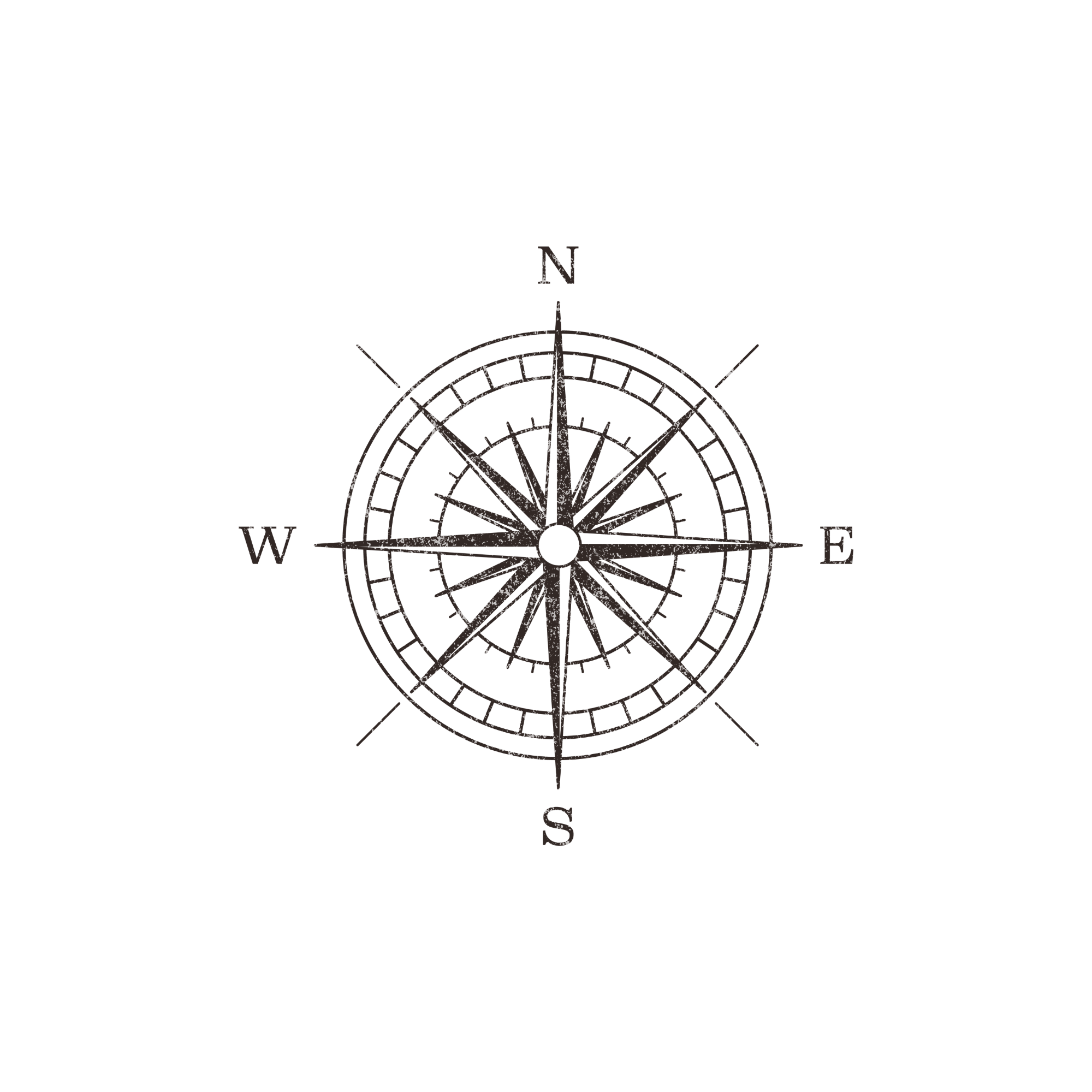 A compass rose with cardinal directions, pointing North, South, East, and West, on a black background.