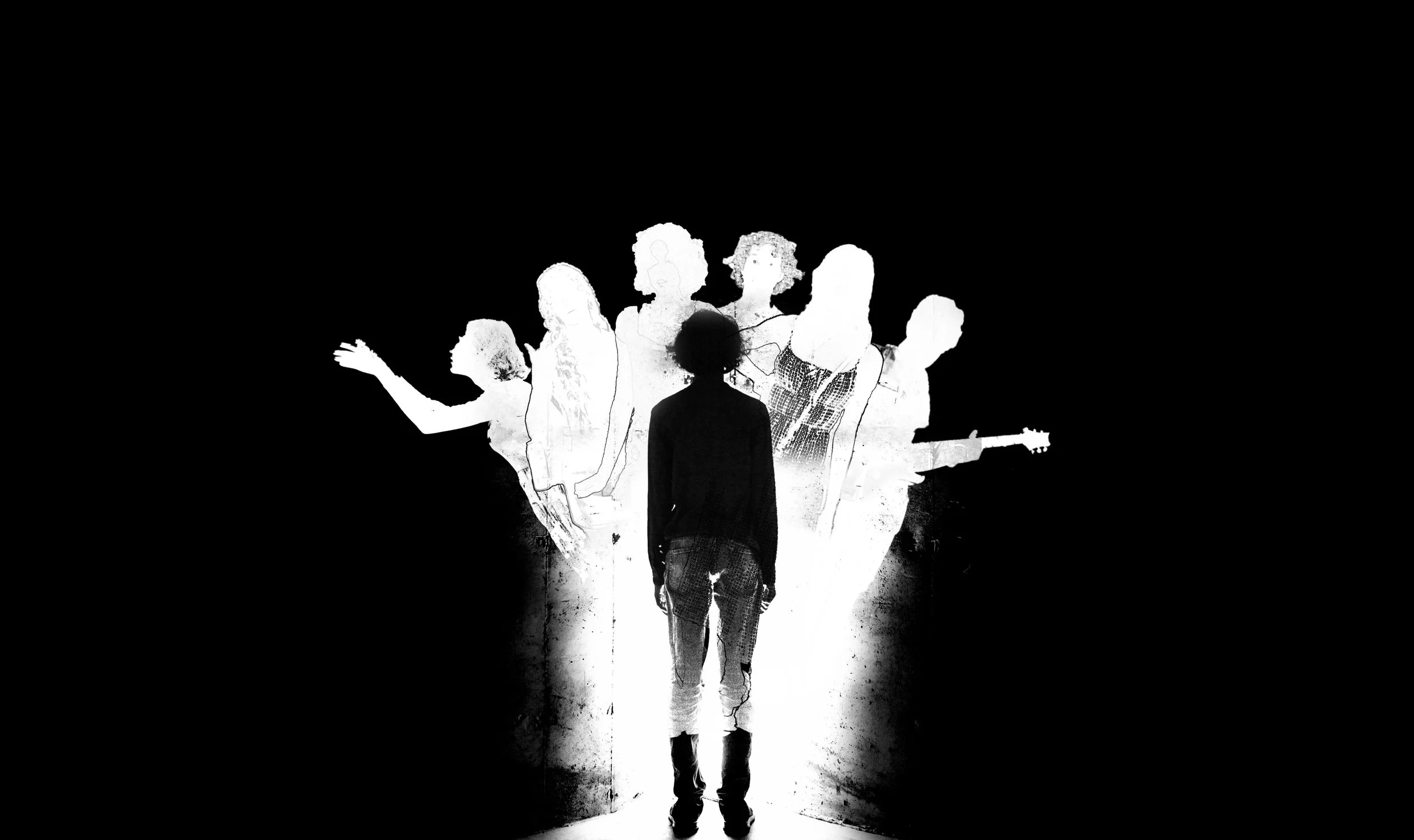 A person walking through a doorway, with a silhouette of a hand extended towards the person from the door, and multiple faint outlines of people and objects in the background.