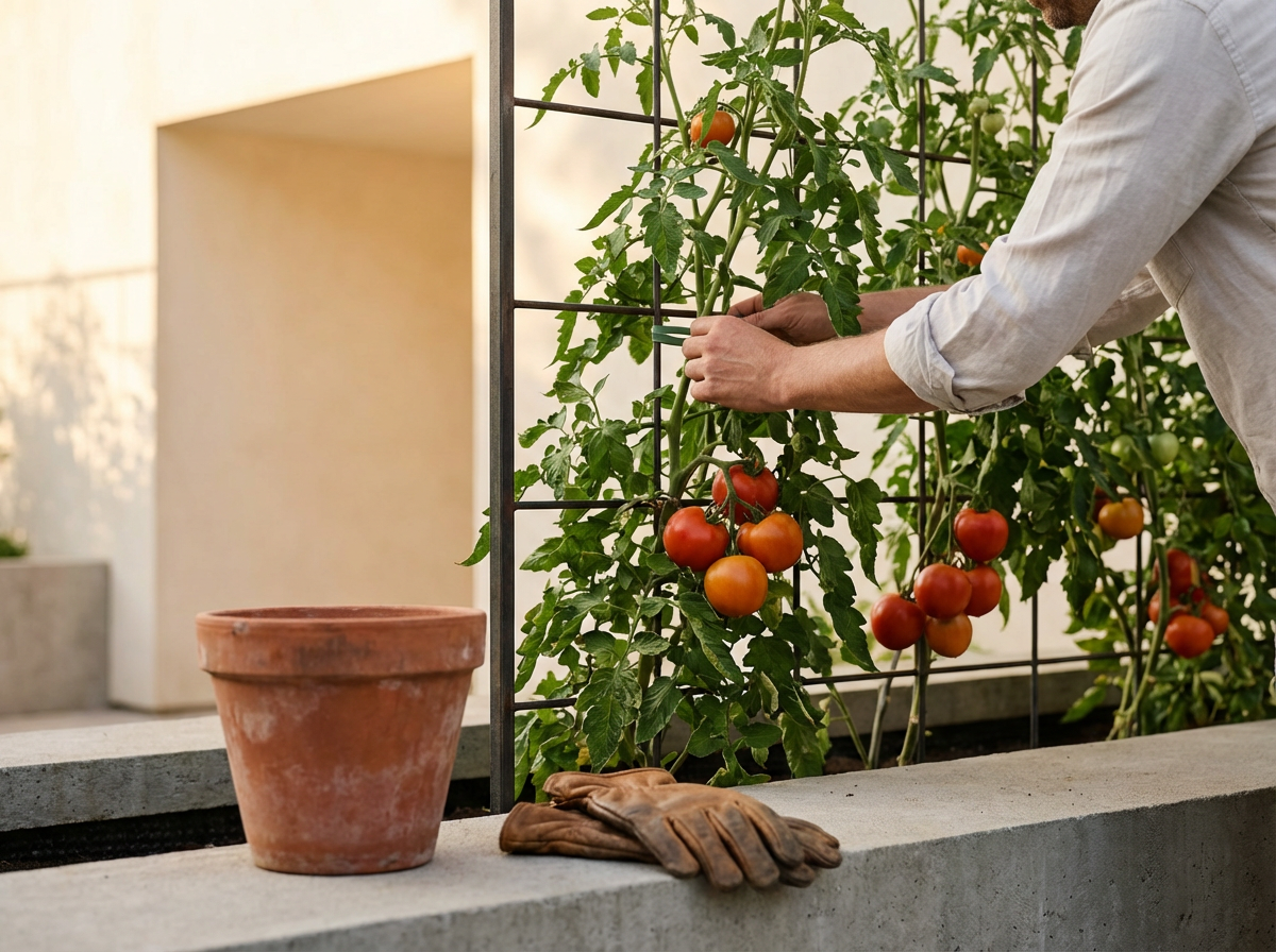 Person harvesting ripe tomatoes on a trellis in a garden, with a clay pot and gardening gloves sitting on a concrete ledge.