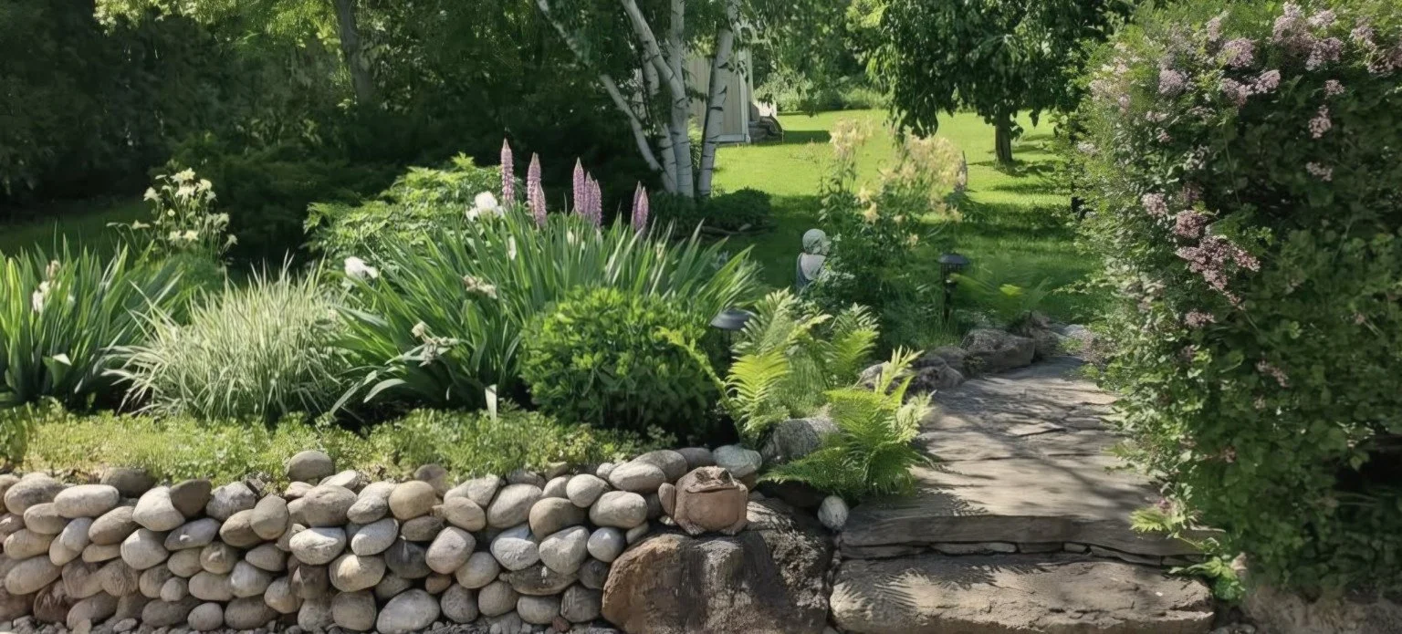 A stone pathway in a lush garden with various green plants, flowers, and bushes surrounding it.