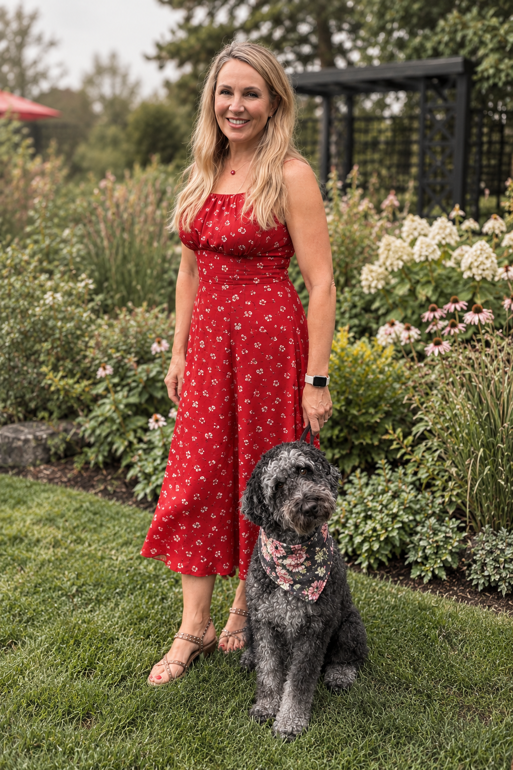 A woman in a red floral dress standing on grass in a garden, holding a dog on a leash. The dog is wearing a floral bandana and sitting on the grass beside her, with bushes and flowers in the background.