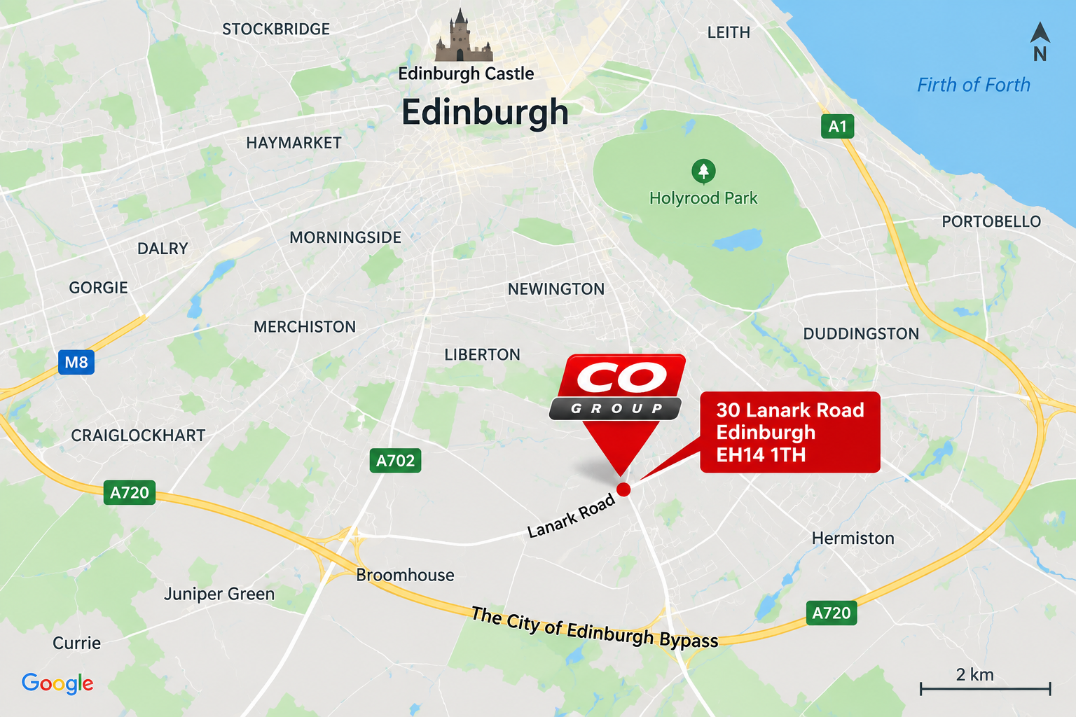Map of Edinburgh showing the location of 30 Lanark Road, Edinburgh with a red marker and label, including major roads and landmarks like Holyrood Park and Edinburgh Castle.