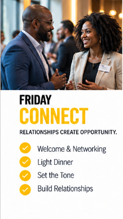 A man and woman talking and smiling at a professional networking event with a banner advertising a Friday Connect event, featuring activities like welcoming, light dinner, setting the tone, and building relationships.