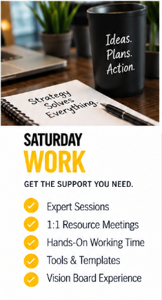 A black mug with the words "Ideas. Plans. Action." printed on it, placed next to a notebook with the handwritten phrase "Strategy Solves Everything" on a wooden desk, with a laptop and potted plant in the background.