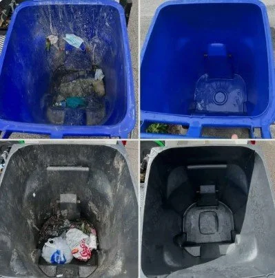 Four images showing a blue recycling bin at different stages of cleaning; the first and third images show the bin filled with trash and debris, while the second and fourth images show the empty and cleaned bin.
