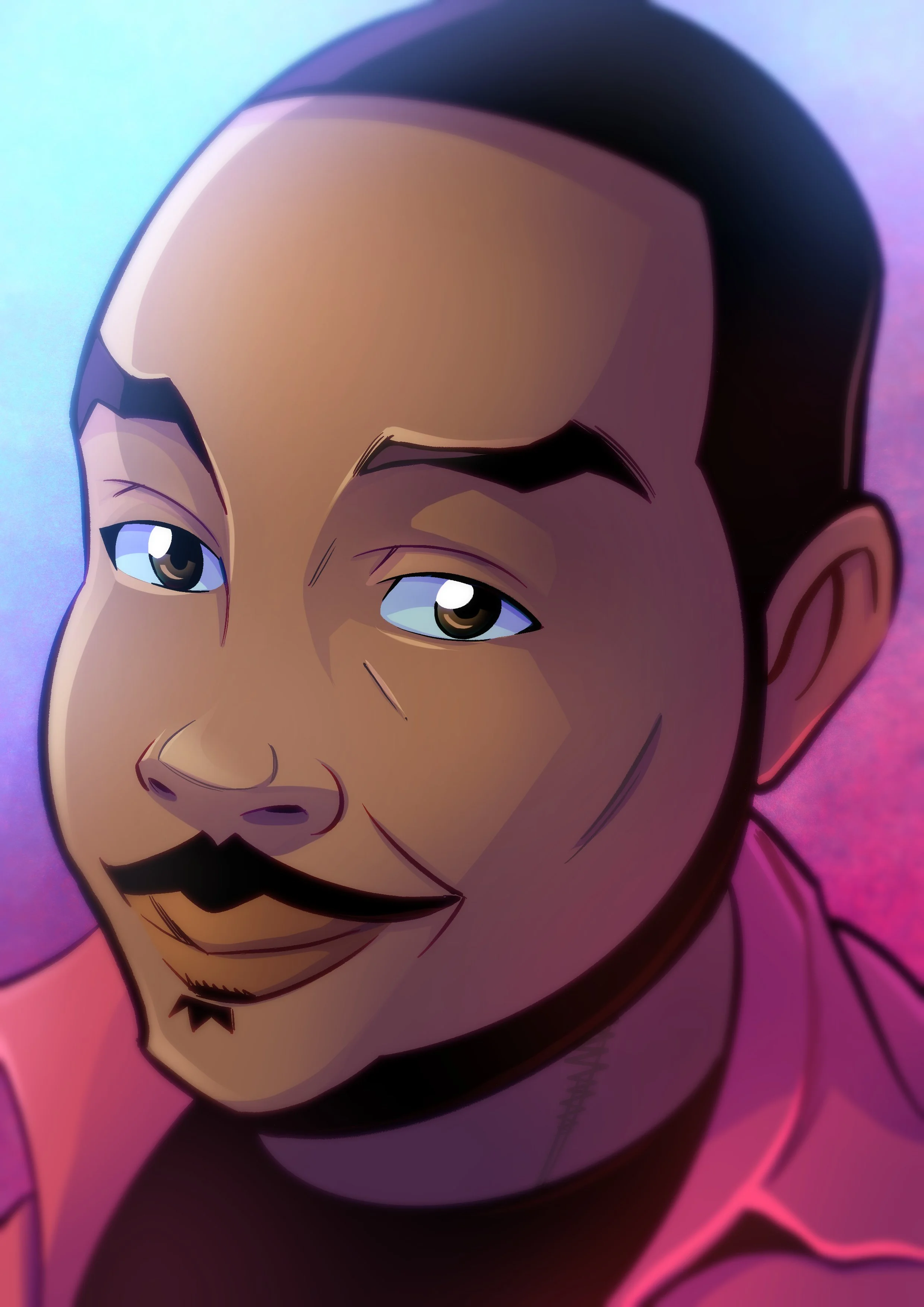 Close-up of a stylized cartoon person's face with brown eyes, dark hair, and a goatee, wearing a purple shirt, with a pink and purple background.