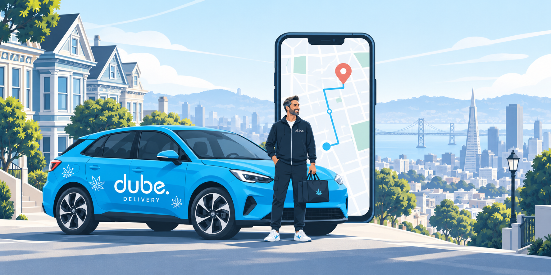 A man standing beside a blue delivery car with the 'dube' logo, holding a bag with a cannabis leaf design, in front of a large smartphone displaying a map with a route. The scene overlooks a city skyline with a bridge and notable buildings in the background, with residential houses and trees in the foreground.