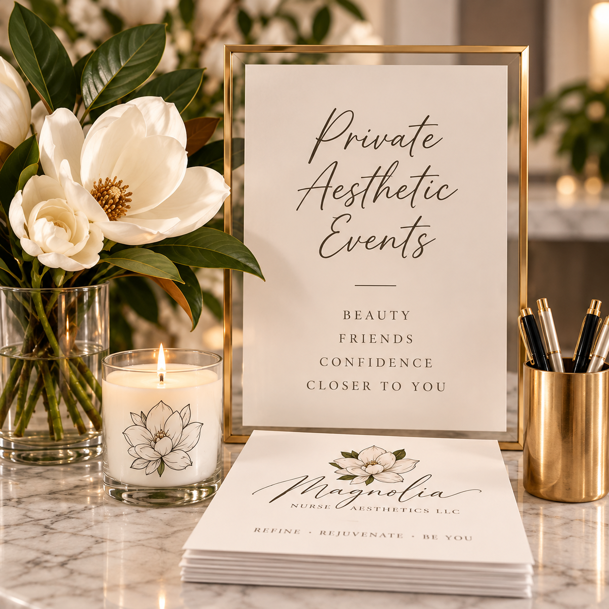 Magnolia Nurse Aesthetics private aesthetic event display with magnolia flowers, informational materials, and candle.