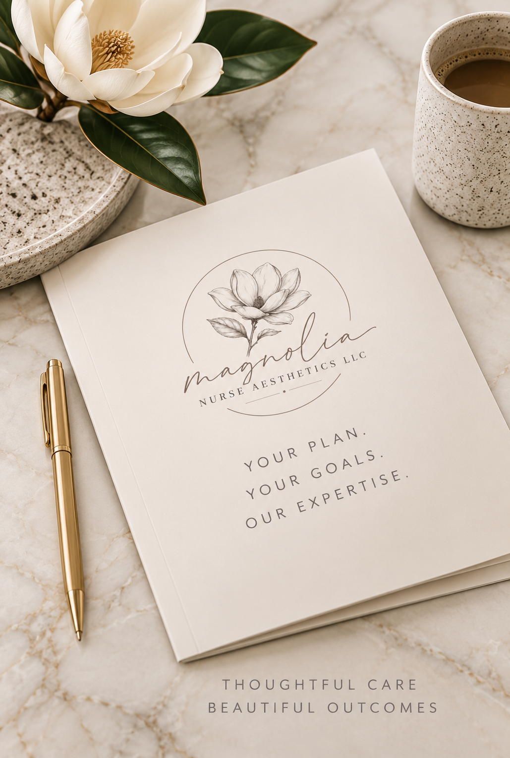 Magnolia Nurse Aesthetics consultation notebook with the message 'Your plan. Your goals. Our expertise."