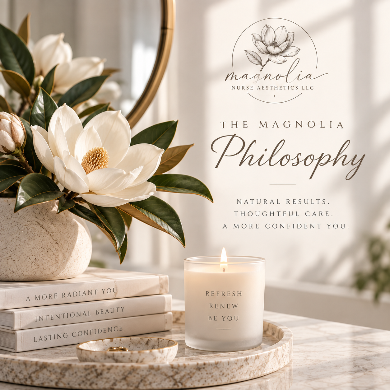 nolia Nurse Aesthetics philosophy featuring magnolia flowers and messages of intentional beauty, confidence, and renewal.