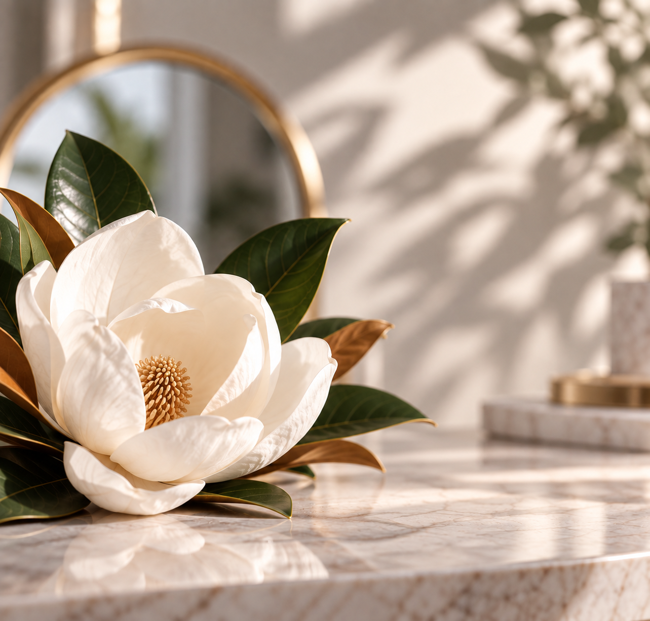 Close-up of a white magnolia flower with green and brown leaves in soft natural light.
