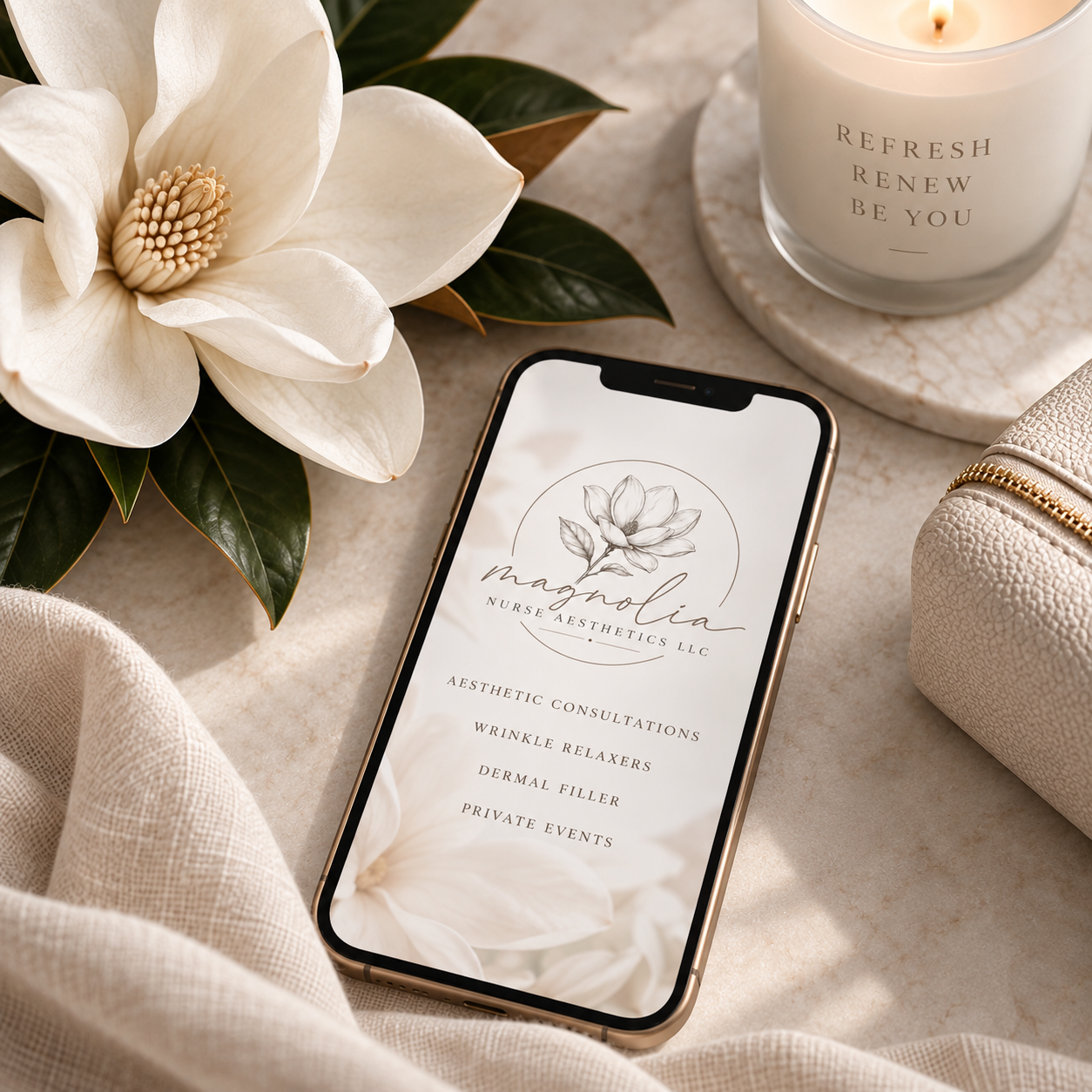 A smartphone displaying a logo for Magnolia Nurse Aesthetics LLC with services listed, surrounded by a white magnolia flower and candle.