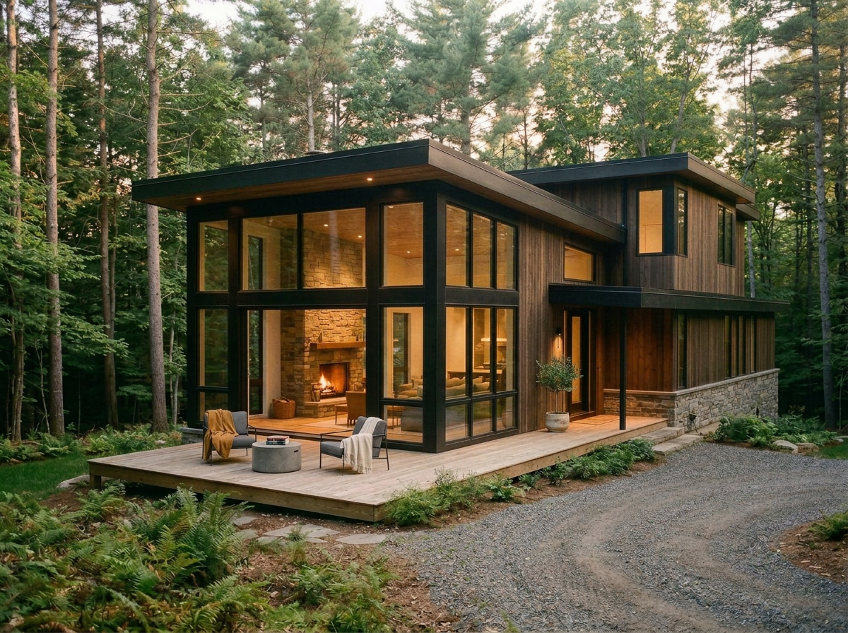 Modern two-story house with large glass windows in a forest setting, with outdoor seating area on a wooden deck in front of a fireplace.