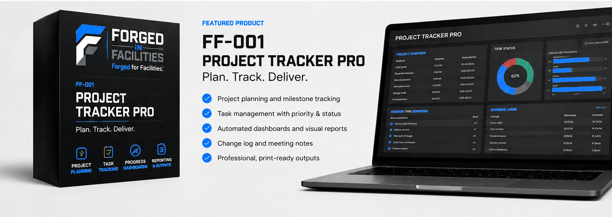 Product box for 'Project Tracker Pro' software, showing features like project planning, task tracking, dashboards, and reporting, with a laptop displaying project management dashboards on the screen.