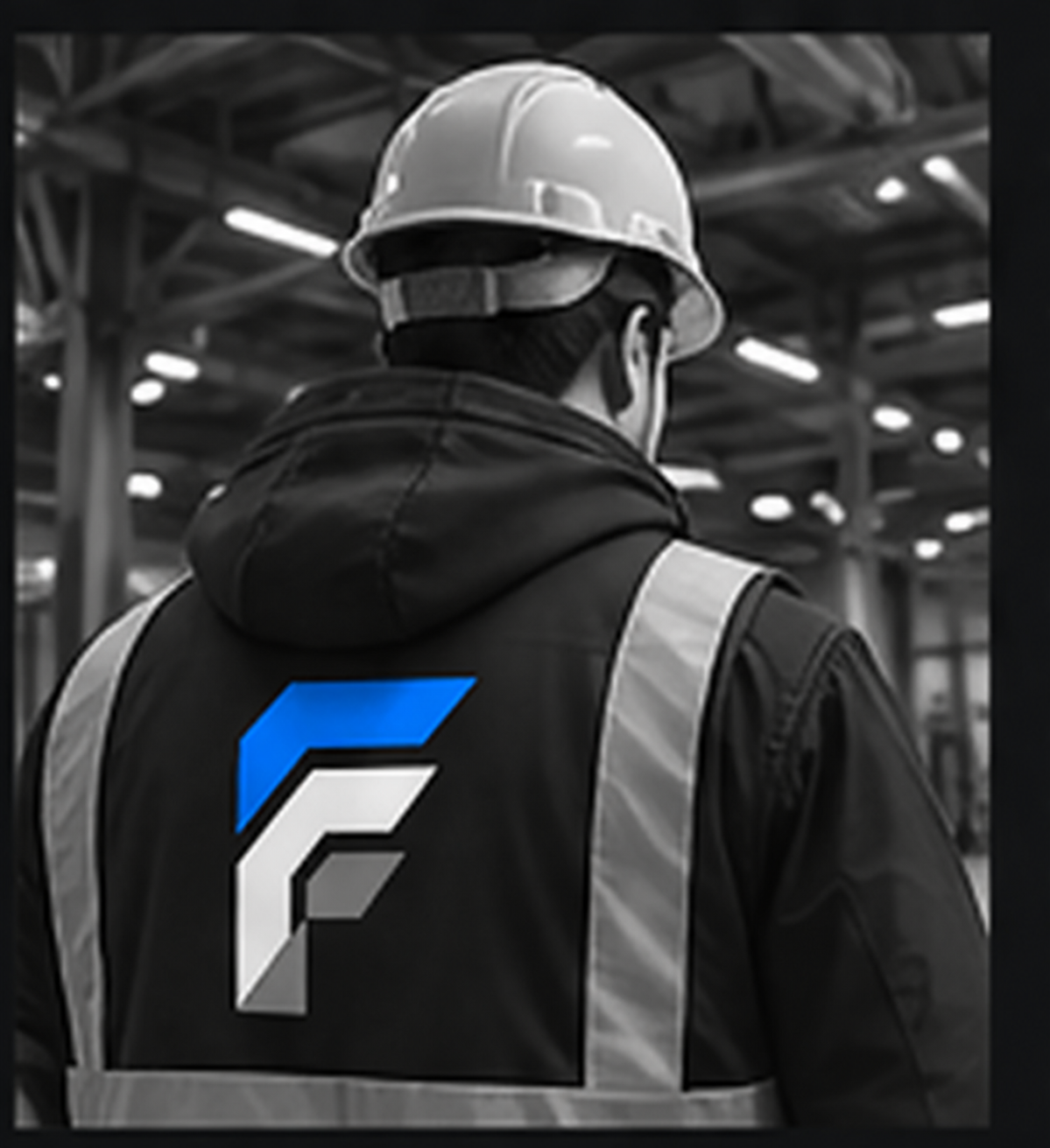 A person wearing a hard hat, face mask, and safety vest with a logo, standing inside an industrial warehouse or factory.