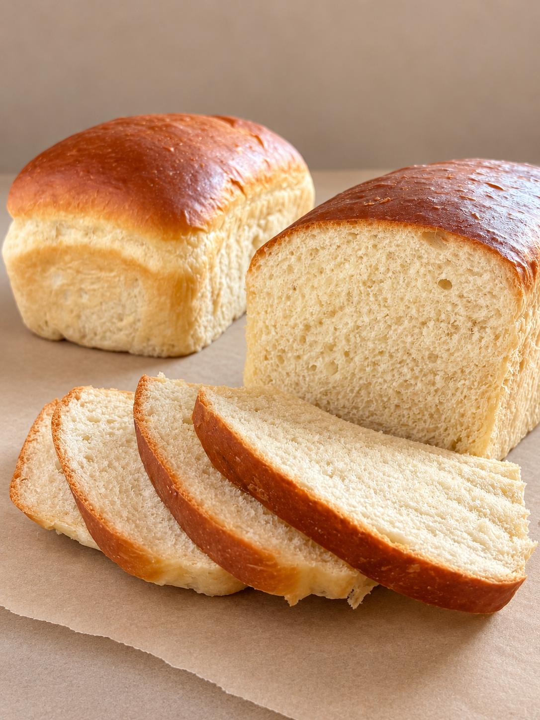 Two loaves of bread, one sliced, on parchment paper, with a light background.