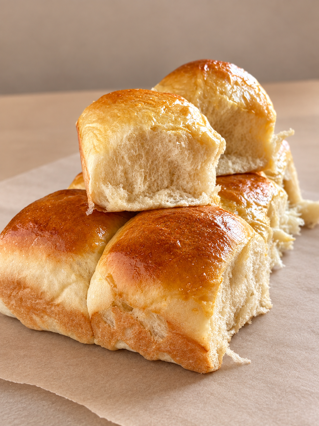 Close-up of freshly baked dinner rolls with golden brown crust and soft interior, stacked on parchment paper.