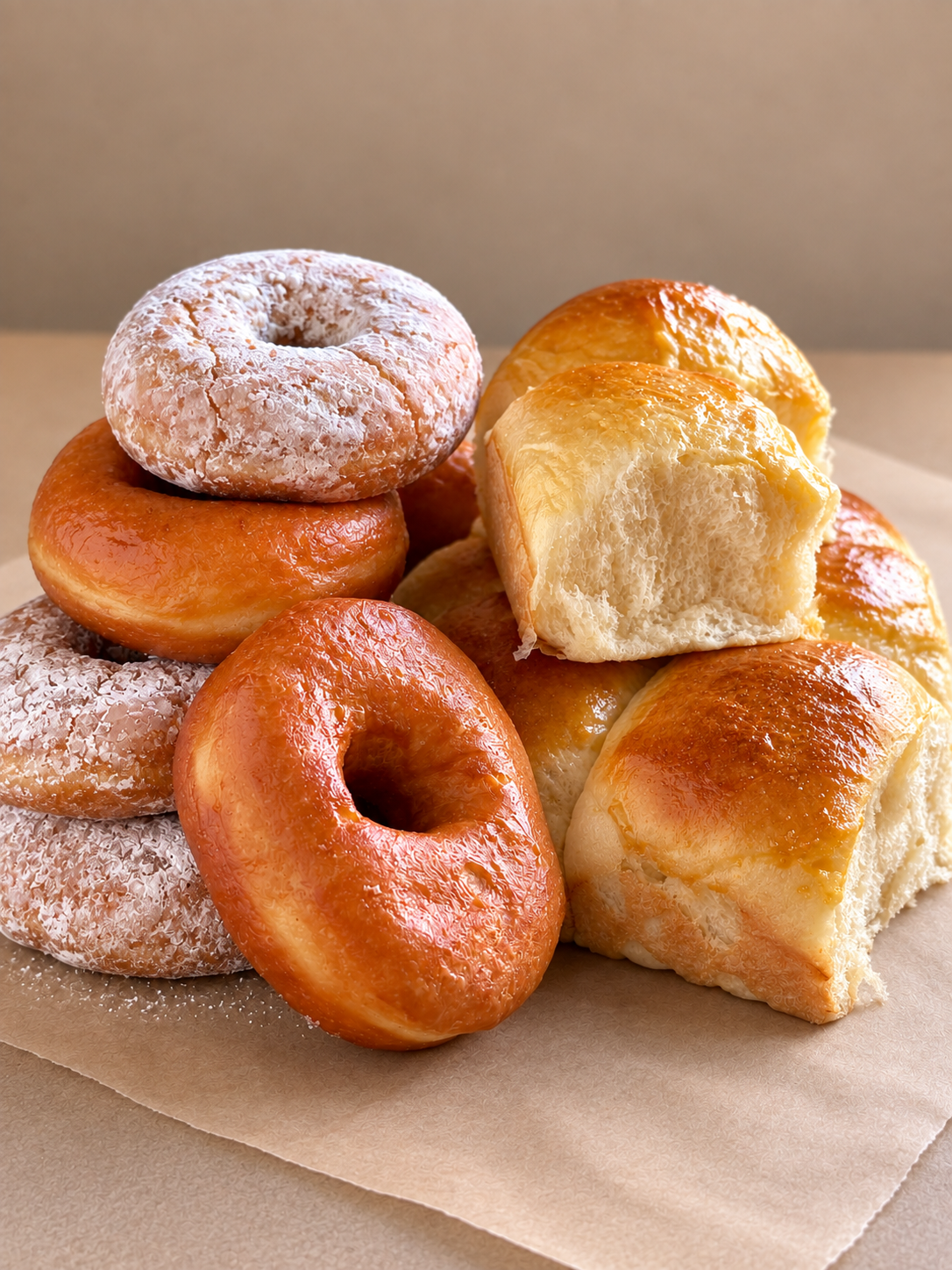 Assorted donuts, including glazed, powdered sugar, and plain, arranged on parchment paper.