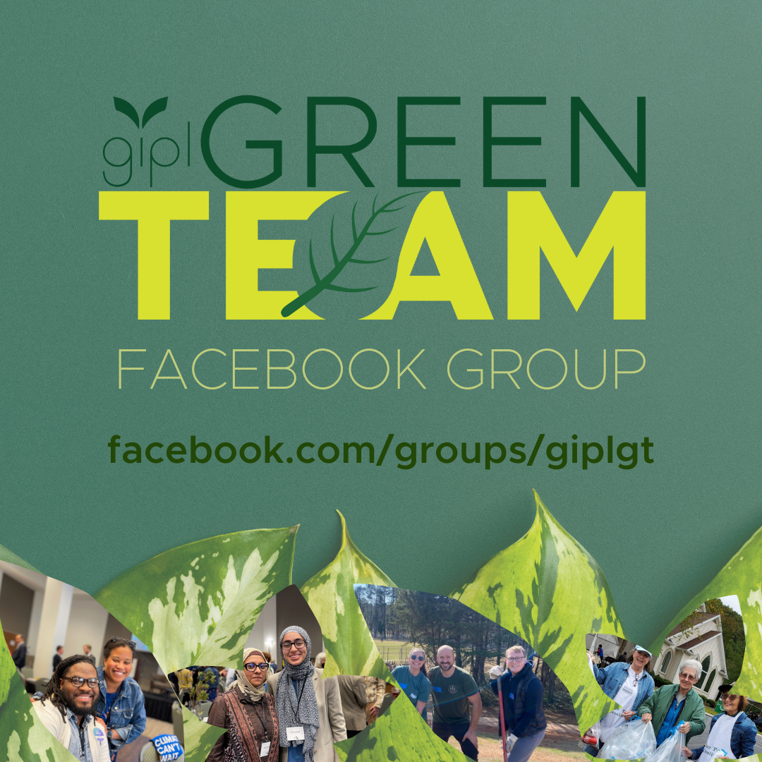 Green promotional poster for a Facebook group called 'Gipl Green Team' featuring a leaf logo, with photos of diverse people volunteering.