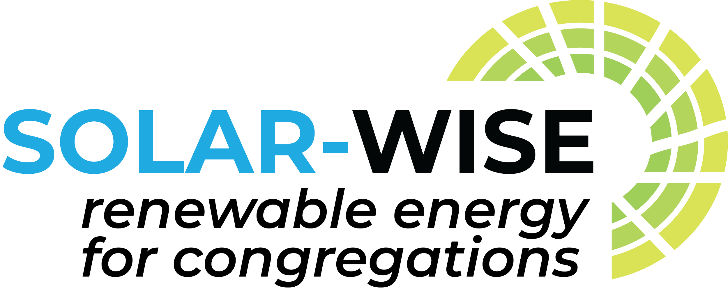 Logo of Solar-Wise, a green and black circular design resembling a solar panel, with the text "SOLAR-WISE" in blue and black, and the slogan "renewable energy for congregations" in black.