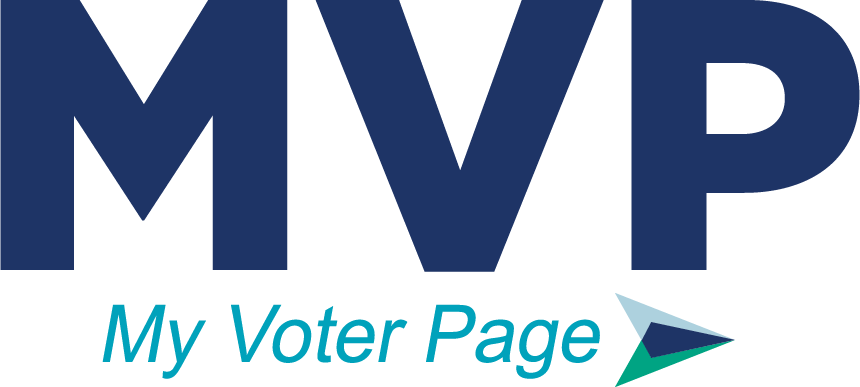 Logo with large dark blue letters M, V, P and the words 'My Voter Page' below, accompanied by a paper airplane icon.