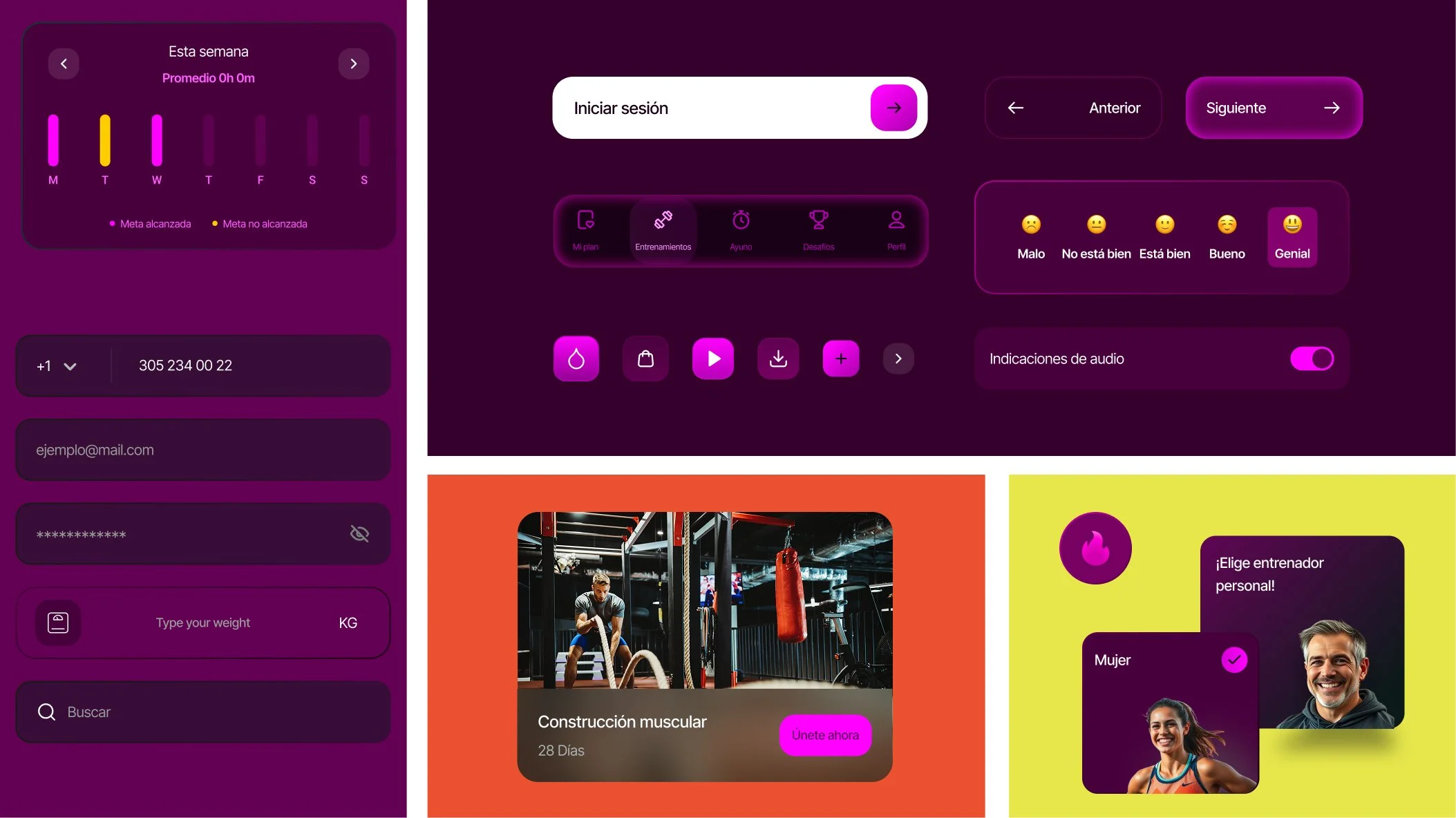 Captura de pantalla de una aplicación de fitness y entrenamiento con un diseño en tonos morados y púrpuras. Incluye secciones para iniciar sesión, seleccionar entrenadores y opciones de seguimiento de progreso físico.