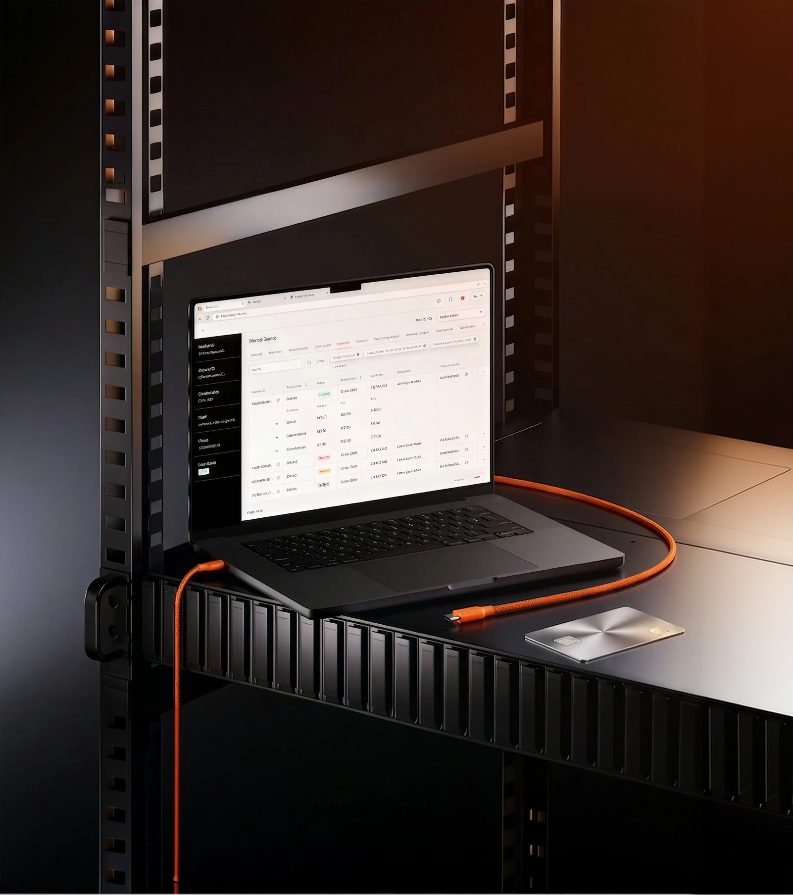 Computadora portátil en un estante negro con cable naranja conectado, mostrando una página web o software en la pantalla