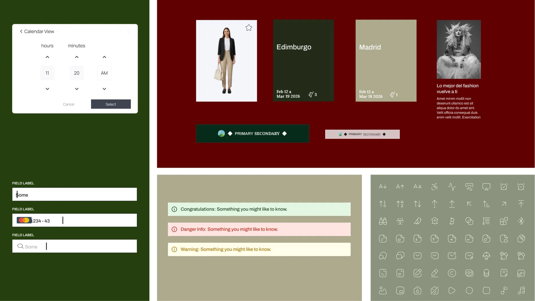 Pantalla digital con varias secciones, incluyendo un calendario y opciones de texto, gráficos, y iconos en diferentes colores y estilos, con un fondo dividido en áreas verdes, rojas, gris y beige.