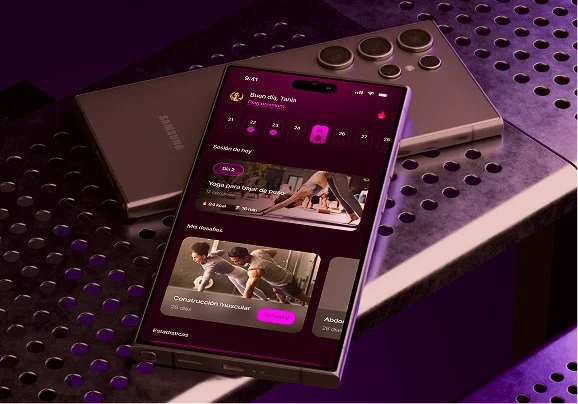 Teléfono inteligente en una superficie metálica con una aplicación abierta relacionada con yoga o ejercicio físico, junto a un dispositivo de audio portátil.