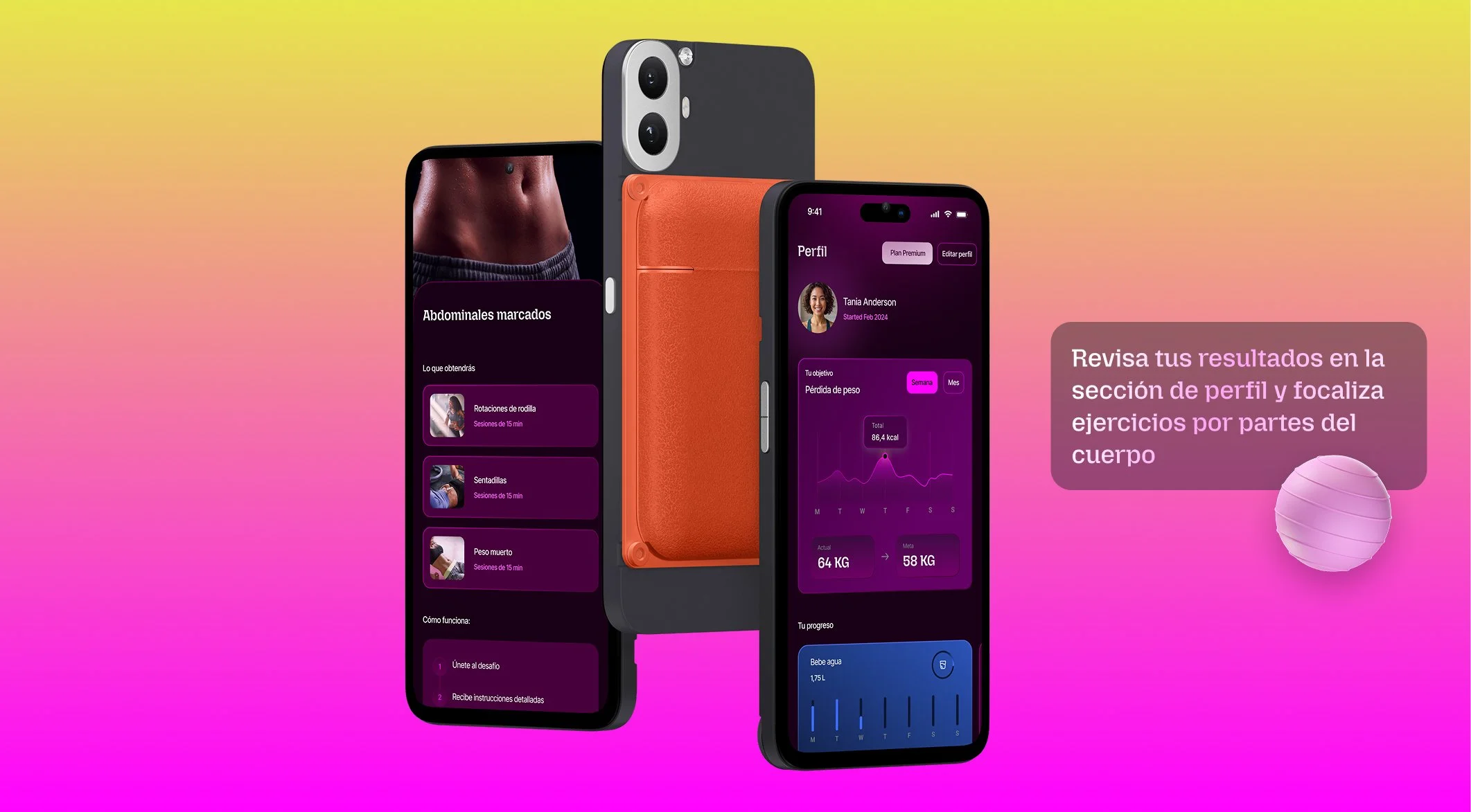 Imagen de un teléfono inteligente que muestra la interfaz de una aplicación de salud y bienestar, con gráficos, resultados y opciones para gestionar metas de peso y ejercicio, en un fondo de colores rosa, amarillo y anaranjado.