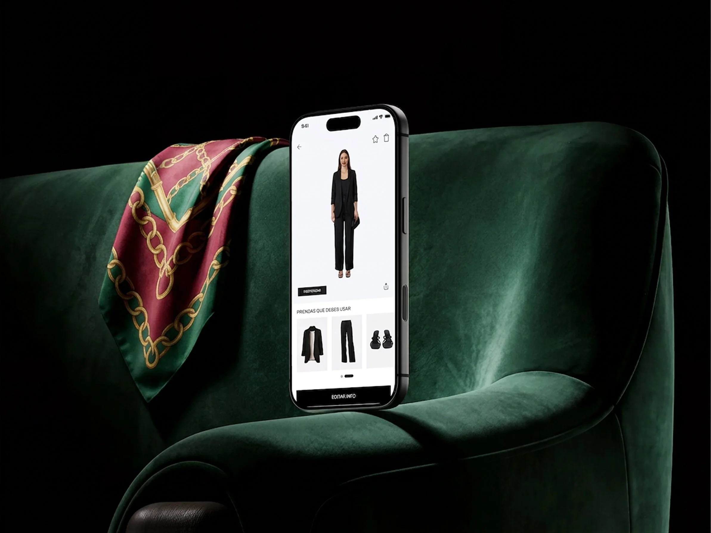 Teléfono móvil mostrando una página de compras en línea con ropa.”}