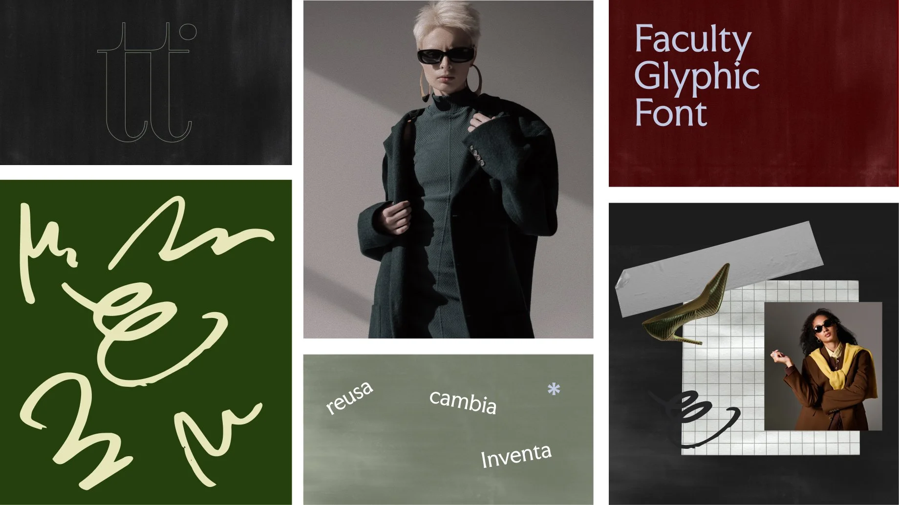 Collage de seis imágenes que incluyen textos y fotografías de personas y objetos relacionados con diseño y moda.