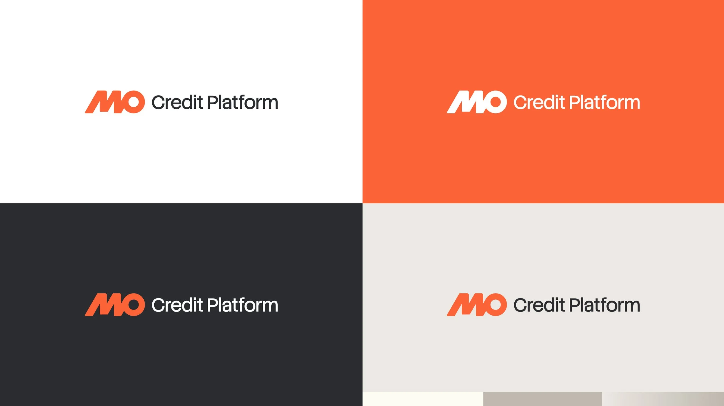 Cuatro cuadrantes con el logotipo de MIO Credit Platform en diferentes fondos de color: blanco, naranja, negro y gris claro.