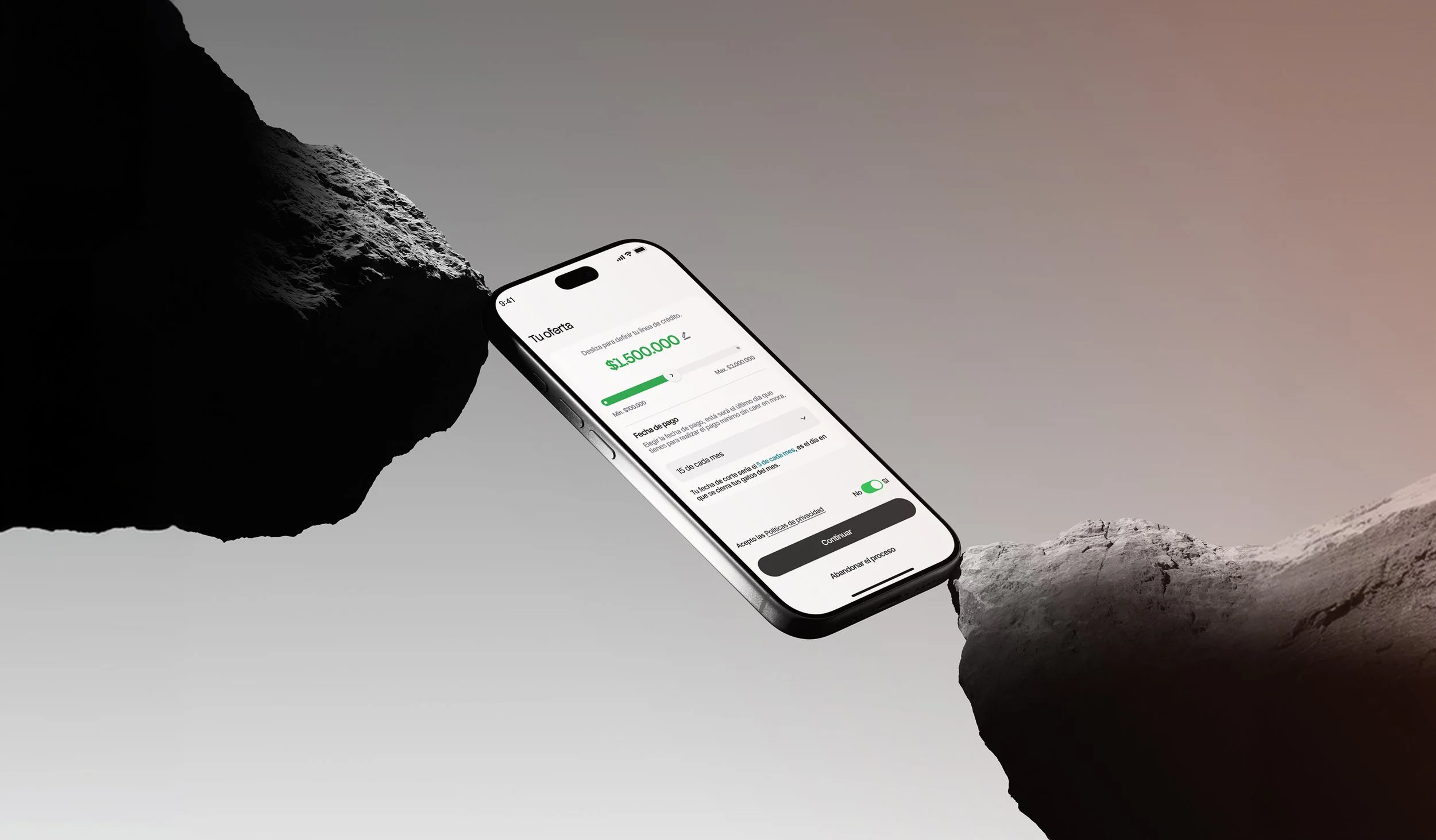 teléfono inteligente en un entorno rocoso con una pantalla que muestra una aplicación financiera, con un fondo de cielo despejado y montañas en la distancia