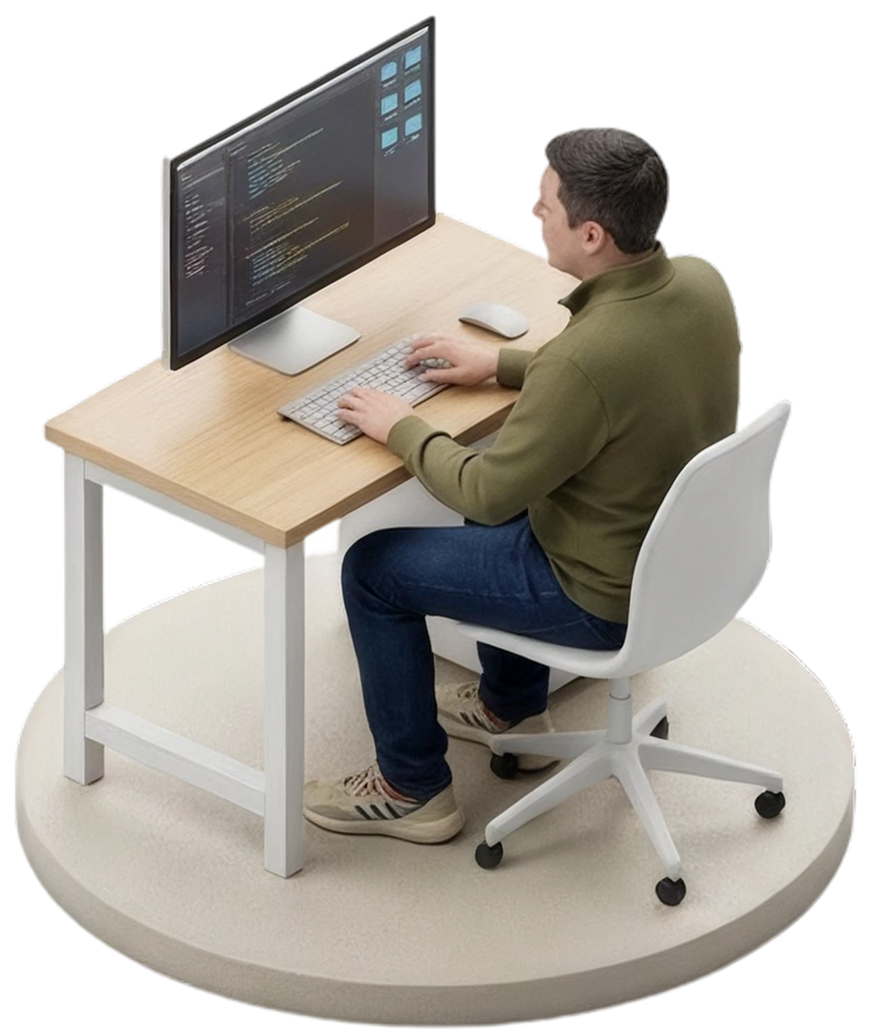 Persona trabajando en una computadora en una oficina moderna, vista desde arriba.