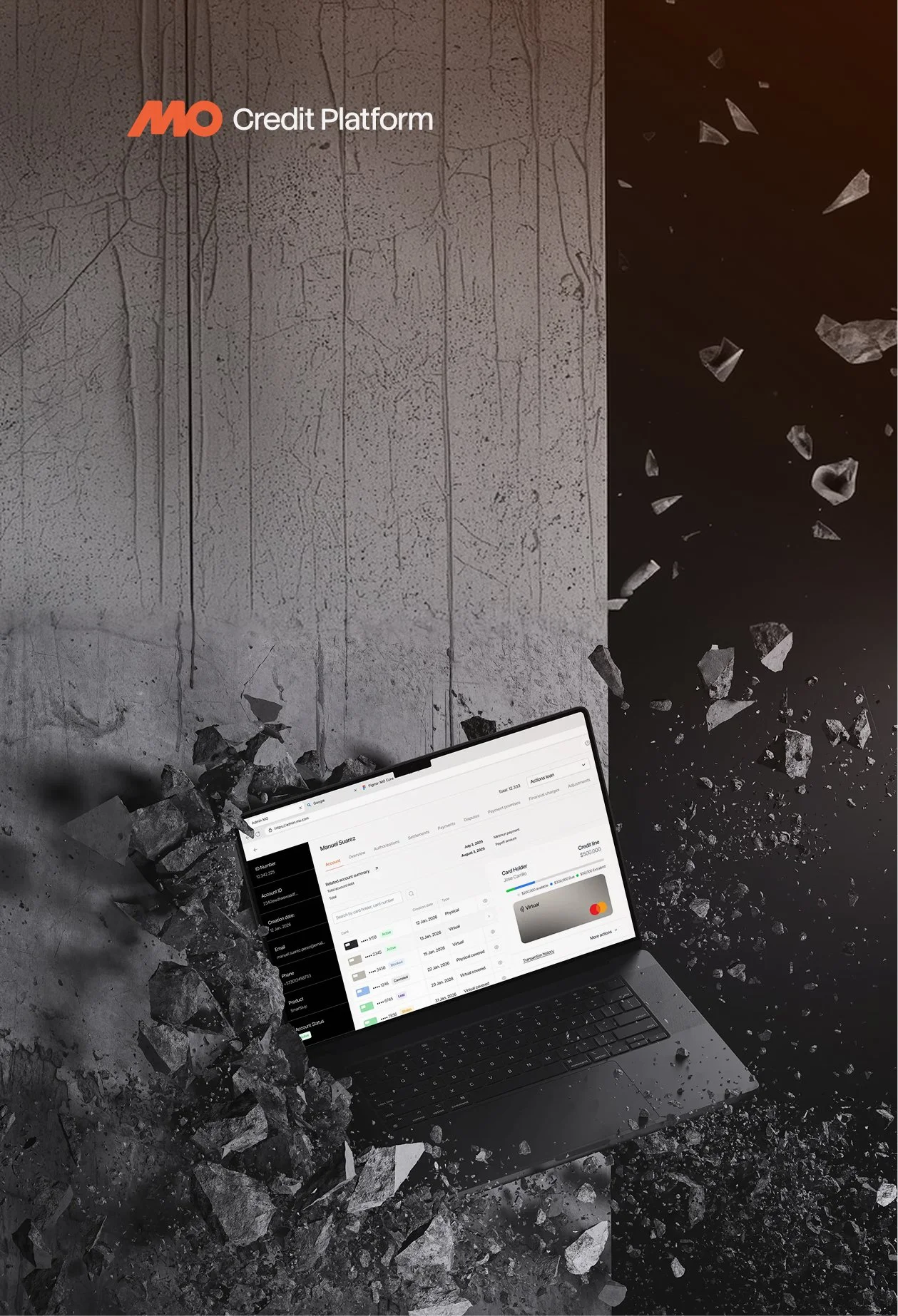 Imagen de una computadora portátil en un suelo de piedra y escombros, con la pantalla mostrando una plataforma de gestión de finanzas y la marca MO Credit Platform visible en la esquina superior izquierda.