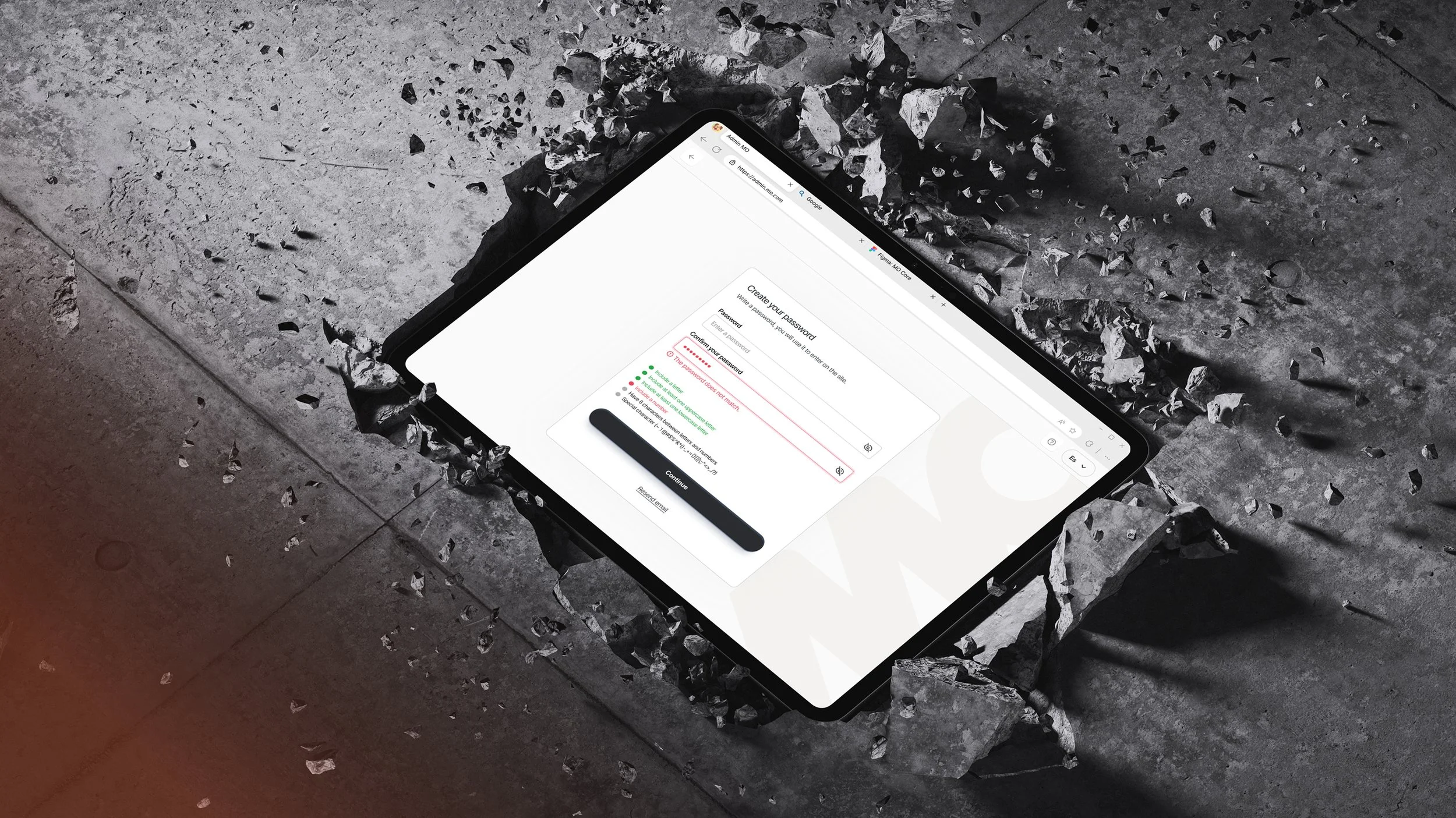 Teléfono móvil con pantalla que muestra formulario para crear una contraseña, en un suelo de concreto con piedras y rocas a su alrededor.