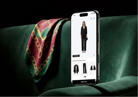 Un teléfono móvil en un sillón verde muestra una aplicación de moda con un vestido negro y accesorios.