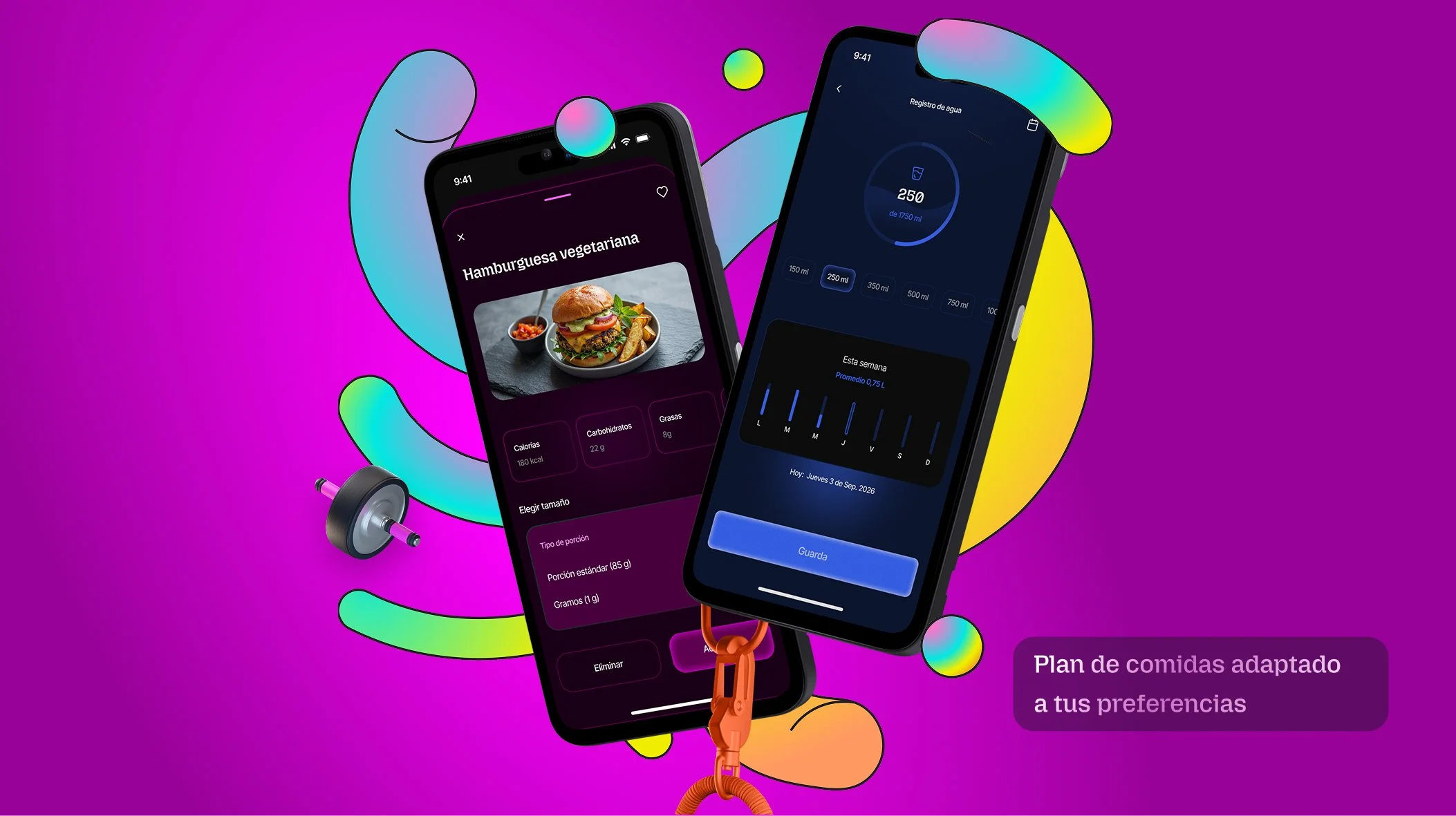 Pantalla de una app que registra comida y consume agua en un teléfono móvil con fondo colorido y elementos gráficos