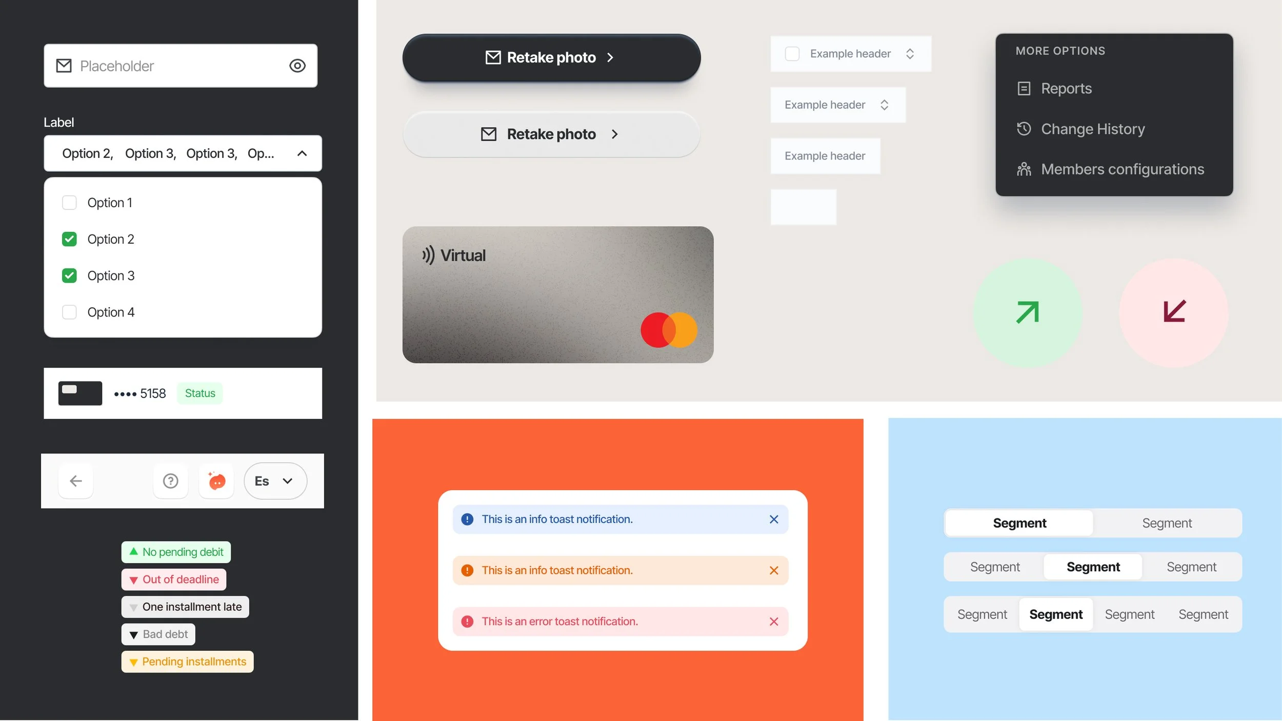 Captura de pantalla de una interfaz de usuario con varias opciones y botones en diferentes colores y estilos, incluyendo botones de 'Retake photo', íconos de tarjetas de crédito, y menús desplegables, todo organizado en diferentes secciones con fondos claros y oscuros.