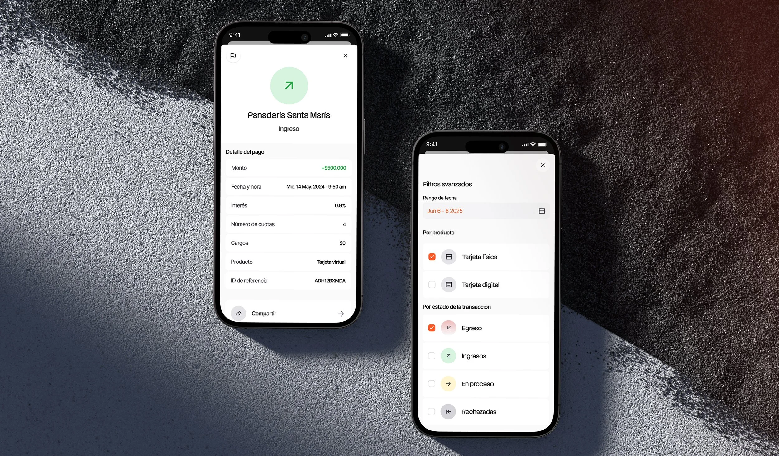 Pantallas de teléfonos móviles con aplicaciones de gestión financiera y filtros de transacciones. La pantalla izquierda muestra detalles de un pago a Panadería Santa María, incluyendo monto, fecha, intereses, cuotas y método de pago. La pantalla derecha presenta filtros avanzados para buscar transacciones por rango de fecha, tipo de pago y estado de la transacción.