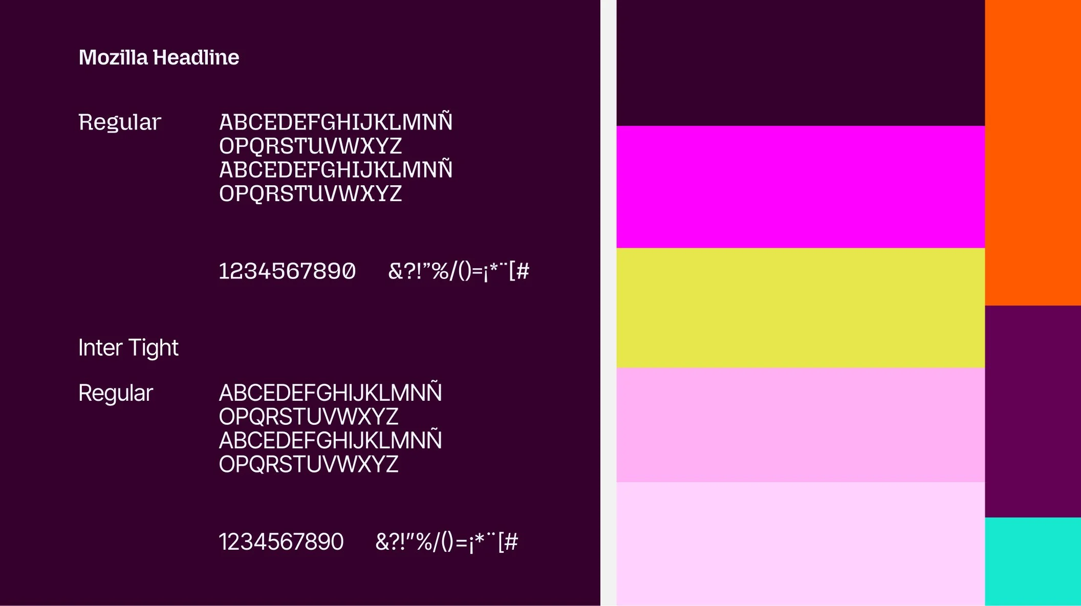 Muestra una pantalla de ejemplo de tipografía y color con texto en español. Se observa un fondo con diferentes bloques de colores y fuentes tipográficas, incluyendo letras y números en diferentes estilos y tamaños.