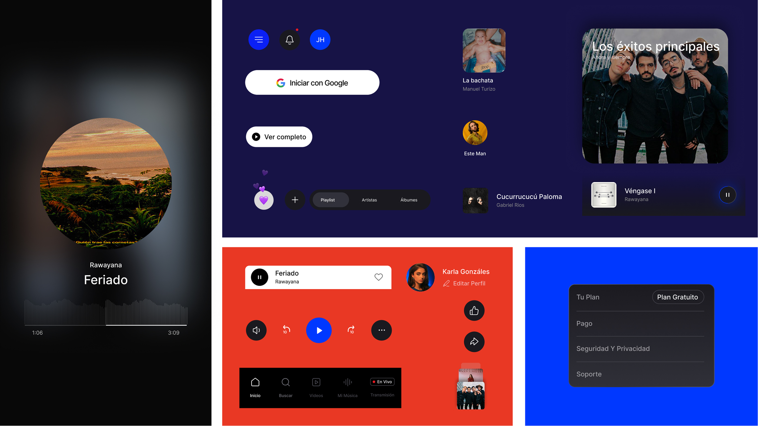 Pantalla de una aplicación de música y redes sociales con diferentes secciones y perfiles, incluyendo una portada de álbum, listas de reproducción, y opciones de navegación.