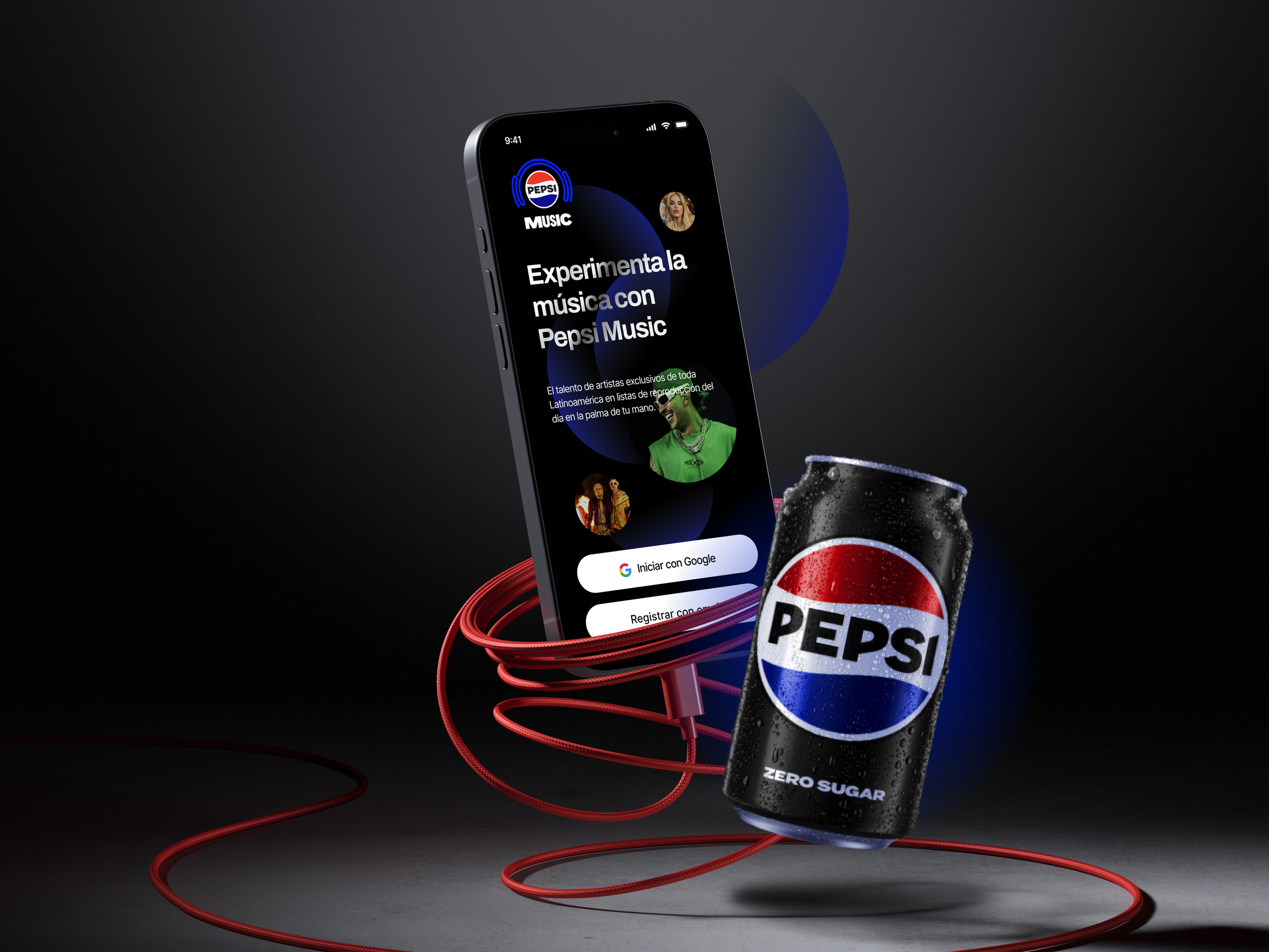 Teléfono móvil mostrando la aplicación de Pepsi Music con contenido sobre música latina y bebida Pepsi, junto a una lata de Pepsi Zero Sugar. Fondo oscuro con elementos en rojo y azul.