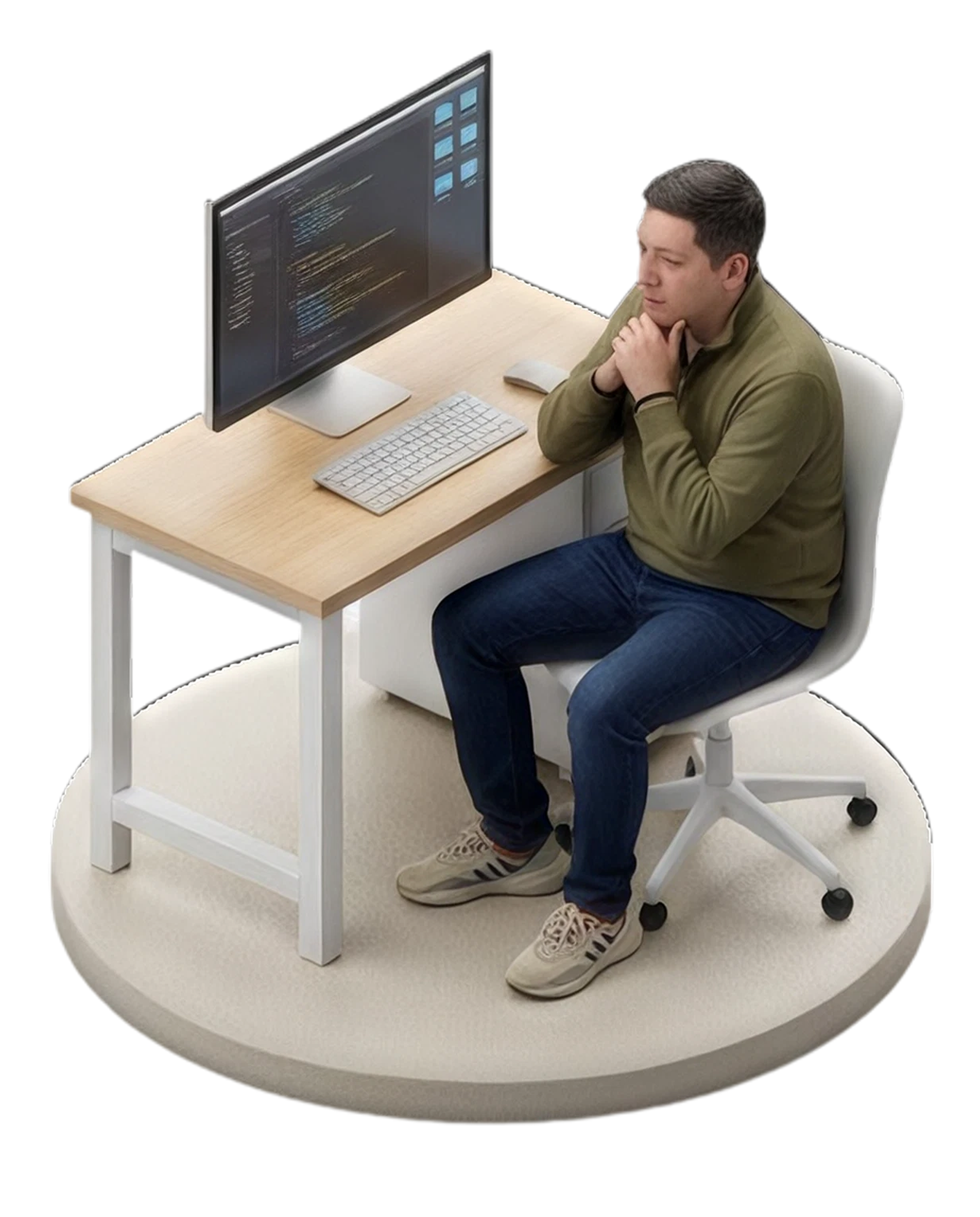 Un hombre sentado en una silla blanca, con chaqueta verde, jeans y zapatillas, mira una pantalla de computadora en una mesa de madera, en un fondo negro.