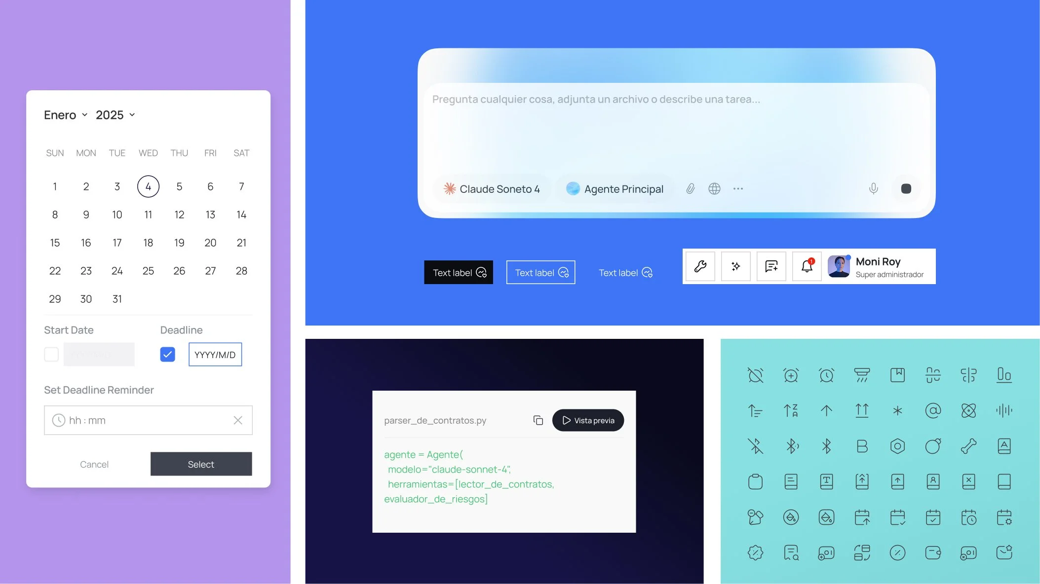 Captura de pantalla de varias interfaces de usuario, incluyendo un calendario de enero 2025, un cuadro de diálogo para seleccionar fecha, una barra de tareas con iconos y un asistente virtual con nombre Moni Roy, así como varias herramientas y códigos en diferentes secciones.